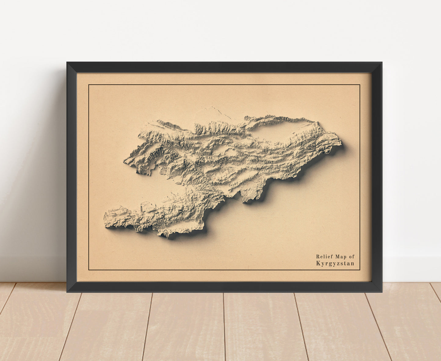 Vintage Kyrgyzstan shaded relief map in black frame. Artistic print with realistic terrain effect for wall decor