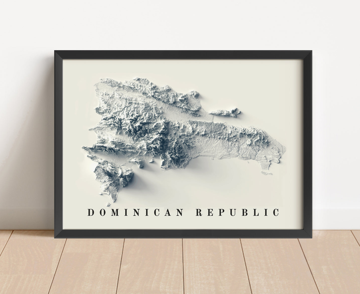 Dominican Republic shaded relief map in black frame. Artistic print with realistic terrain effect for wall decor
