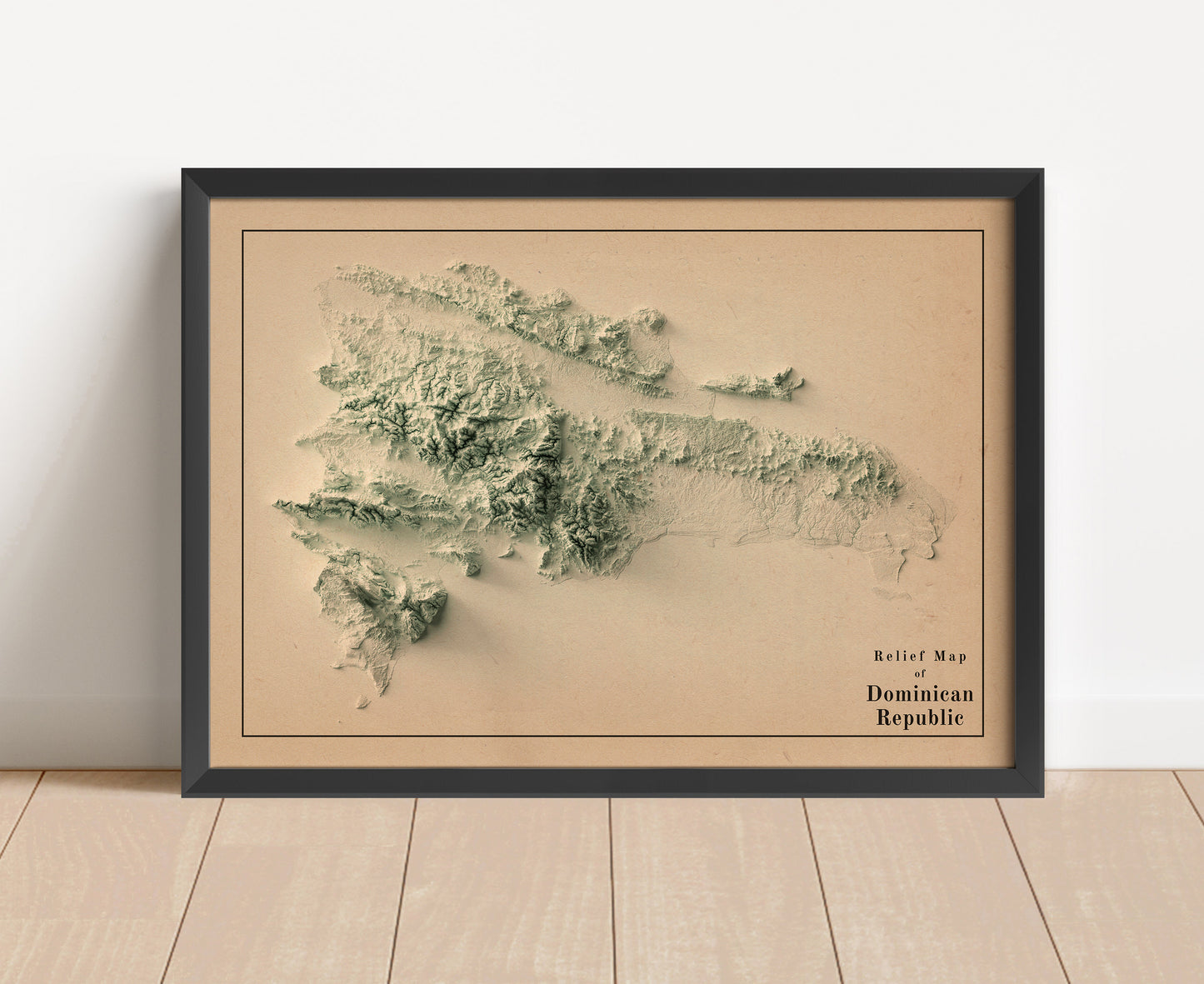 Vintage Dominican Republic shaded relief map in black frame. Artistic print with realistic terrain effect for wall decor