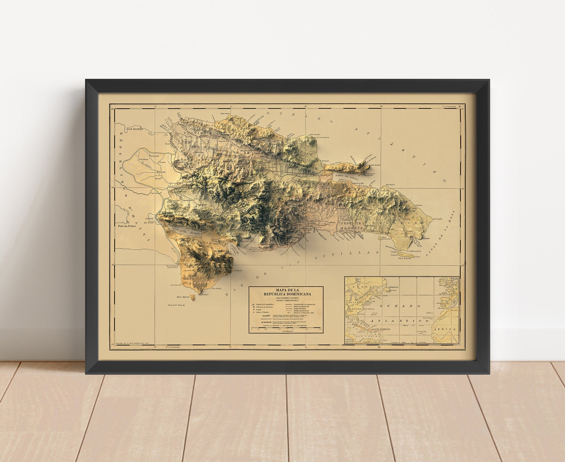 Vintage Dominican Republic shaded relief map in black frame. Artistic print with realistic terrain effect for wall decor
