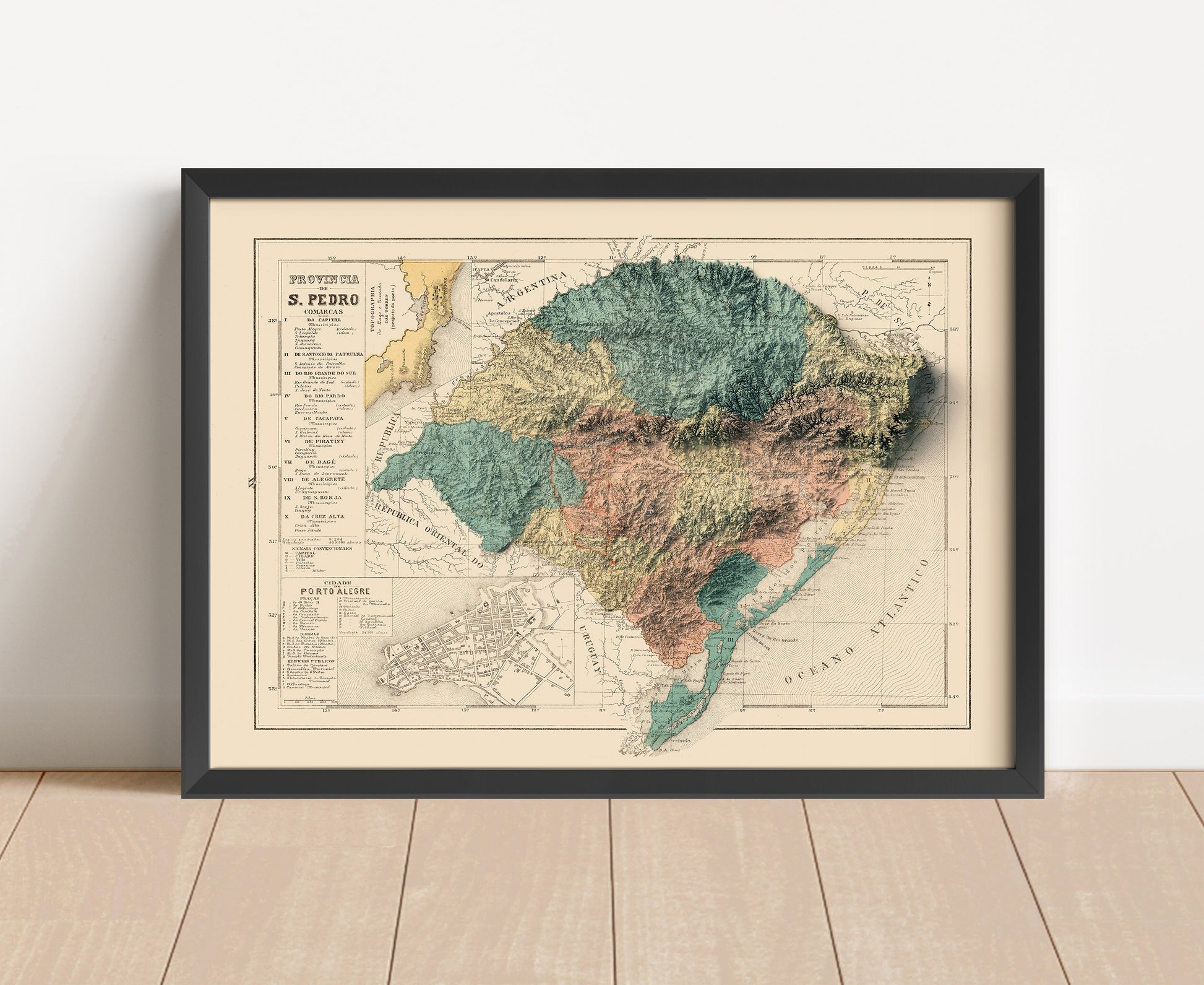 Vintage Rio Grande do Sul, Brazil, shaded relief map in black frame. Artistic print with realistic terrain effect for wall decor