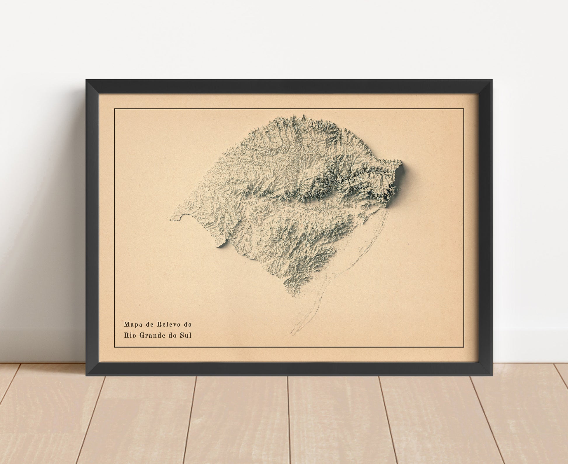 Vintage Rio Grande do Sul, Brazil, shaded relief map in black frame. Artistic print with realistic terrain effect for wall decor