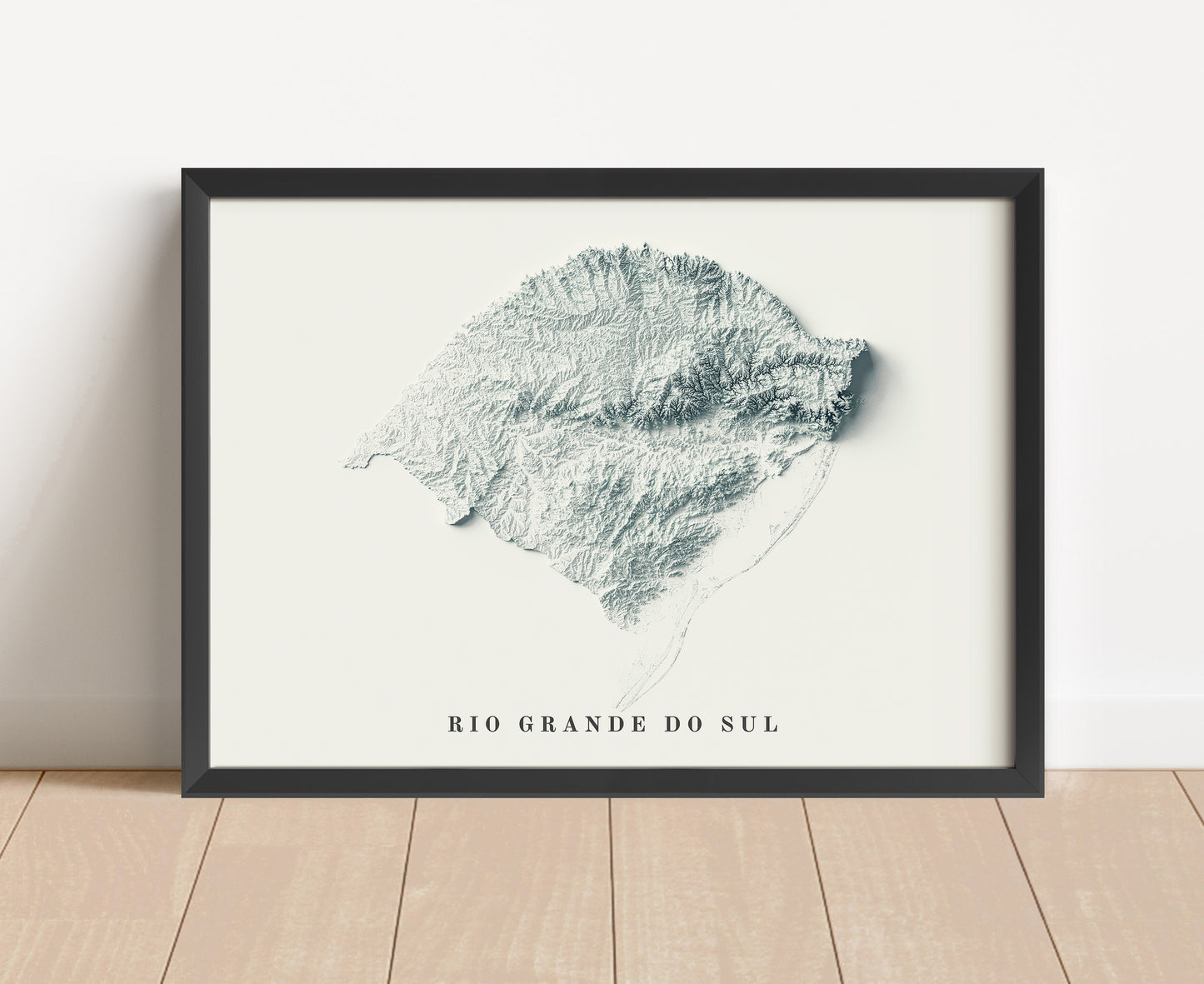 Rio Grande do Sul, Brazil, shaded relief map in black frame. Artistic print with realistic terrain effect for wall decor