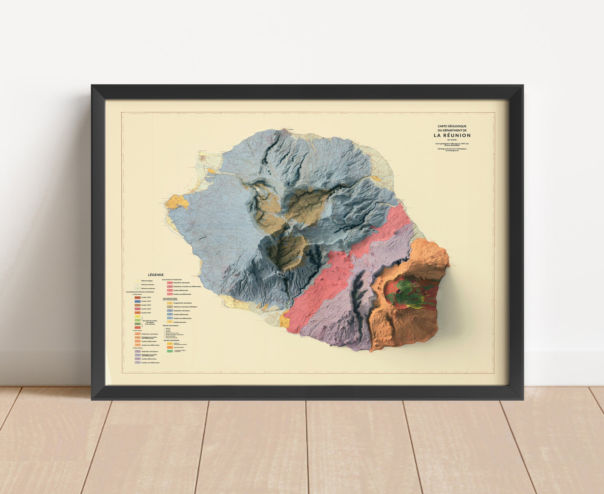 Vintage Reunion, France, haded relief map in black frame. Artistic print with realistic terrain effect for wall decor