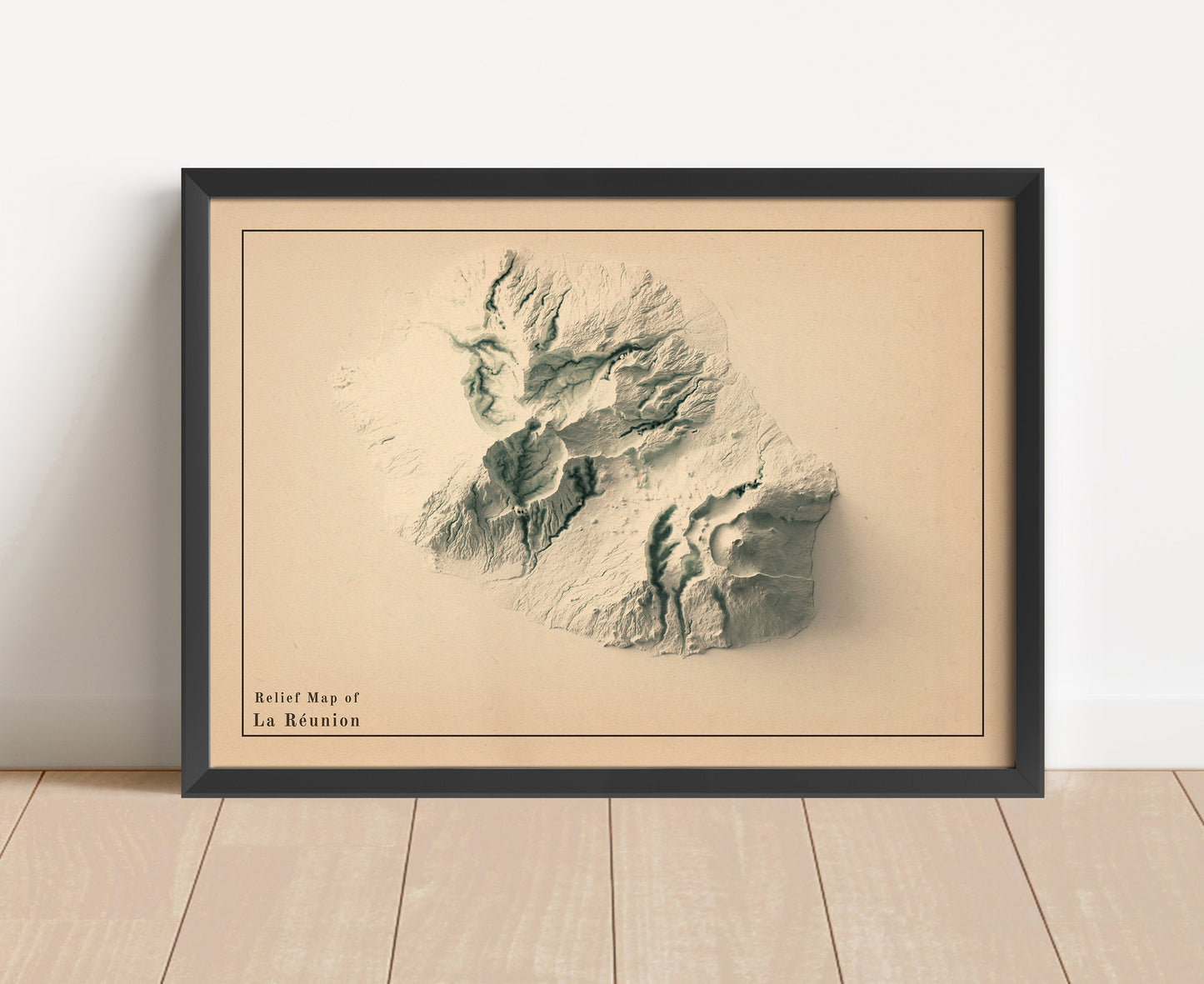 Vintage Reunion, France, haded relief map in black frame. Artistic print with realistic terrain effect for wall decor