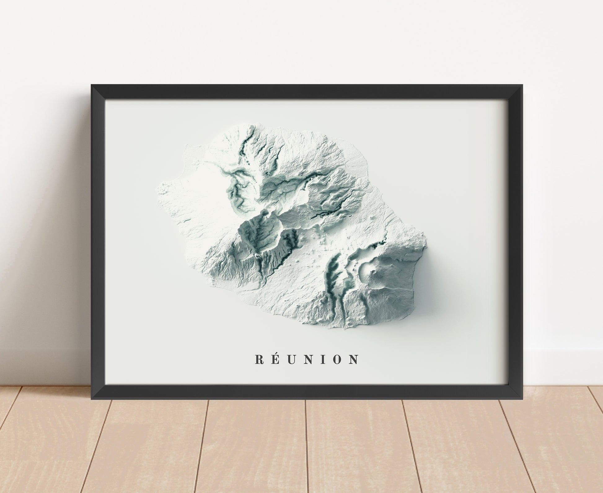 Reunion, France, haded relief map in black frame. Artistic print with realistic terrain effect for wall decor