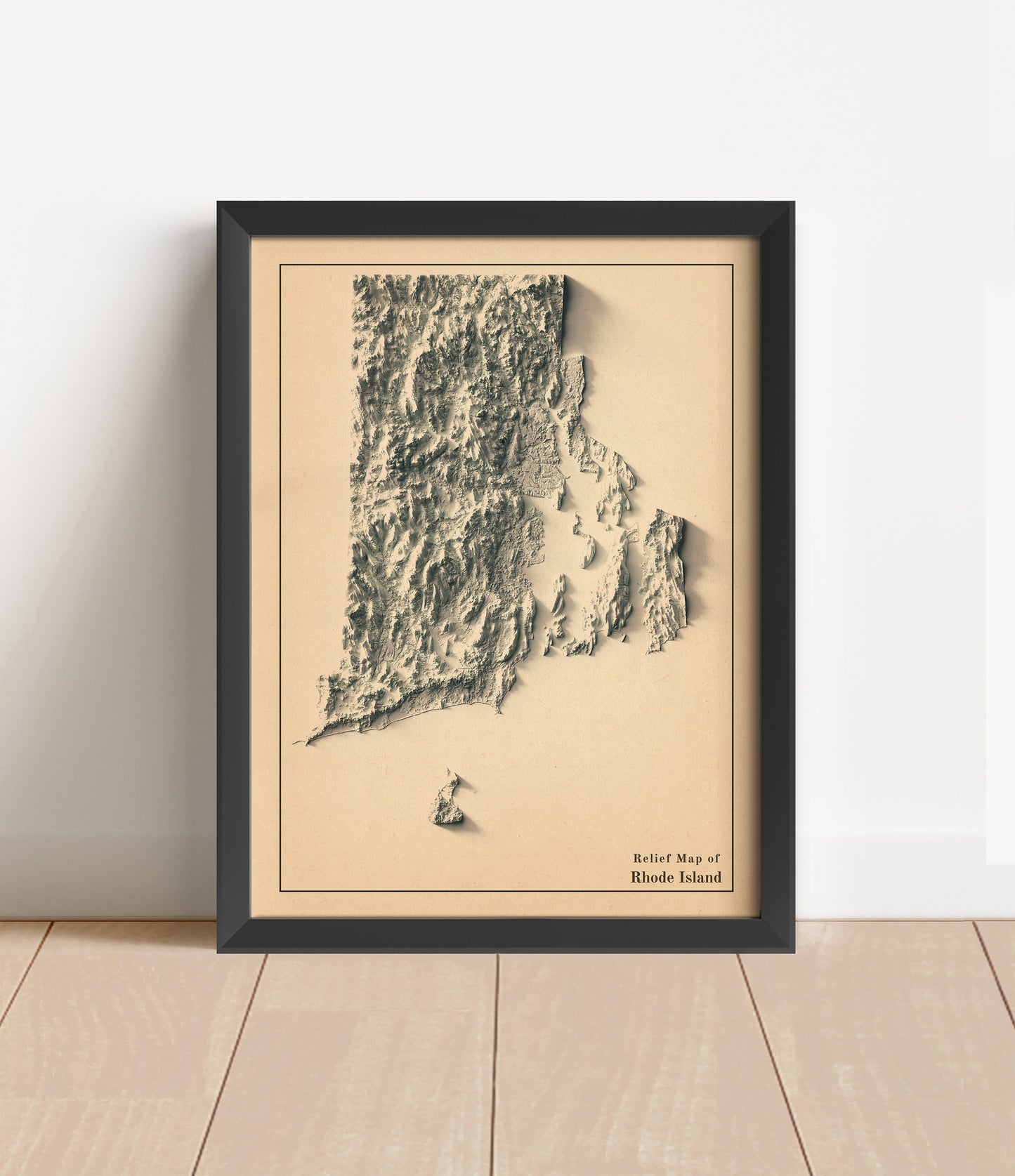 Vintage Rhode Island shaded relief map in black frame. Artistic print with realistic terrain effect for wall decor