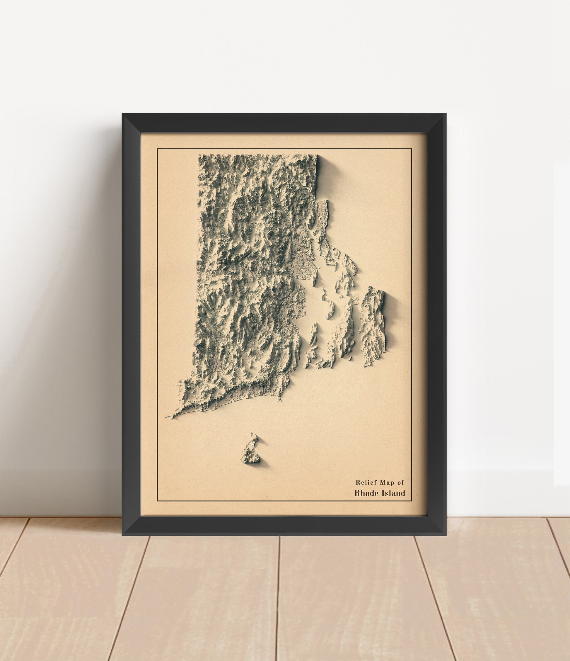 Vintage Rhode Island shaded relief map in black frame. Artistic print with realistic terrain effect for wall decor