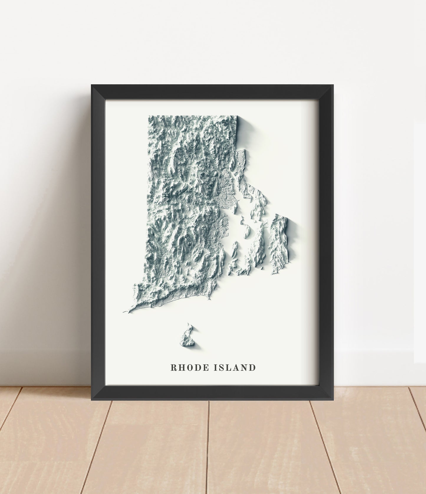 Rhode Island shaded relief map in black frame. Artistic print with realistic terrain effect for wall decor