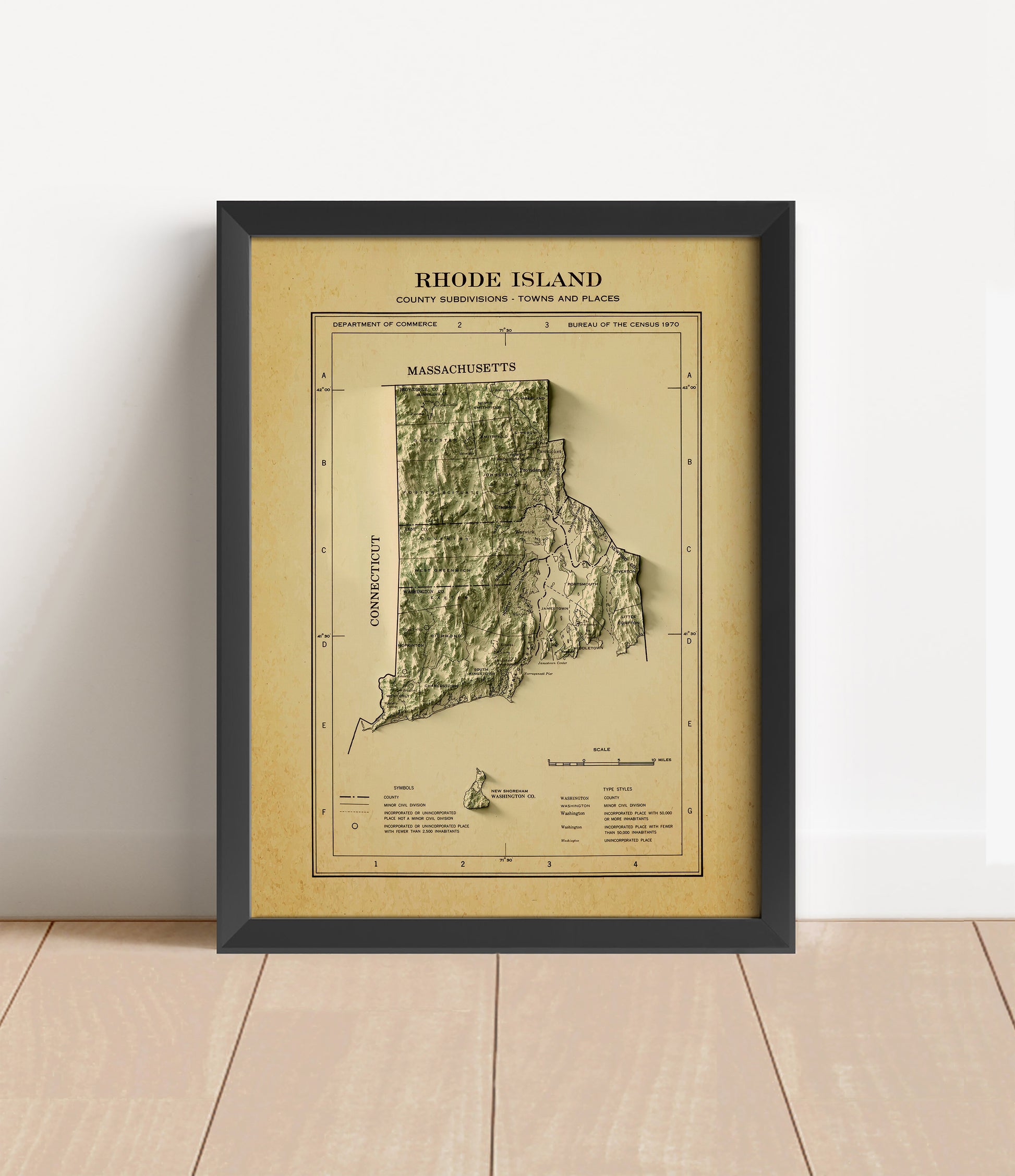 Vintage Rhode Island shaded relief map in black frame. Artistic print with realistic terrain effect for wall decor
