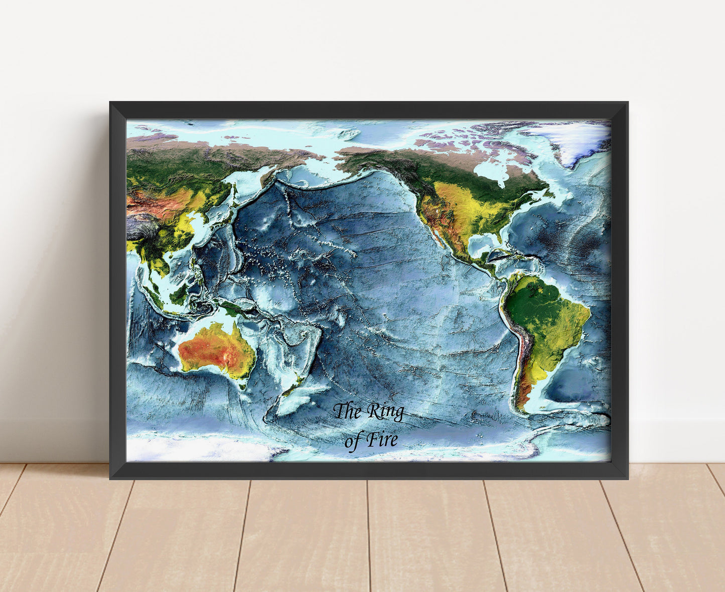 Ring of Fire shaded relief map in black frame. Artistic print with realistic terrain effect for wall decor