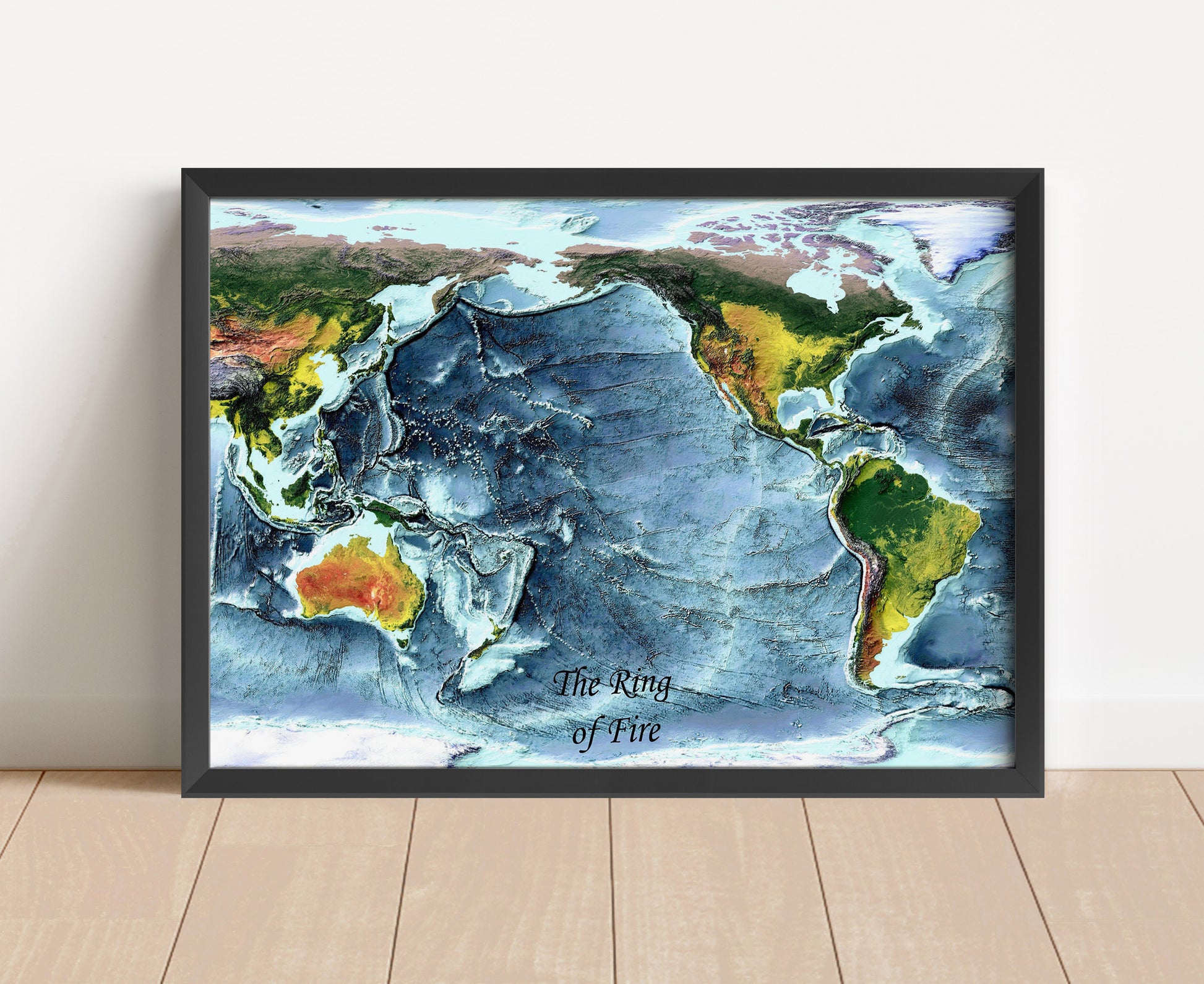 Ring of Fire shaded relief map in black frame. Artistic print with realistic terrain effect for wall decor