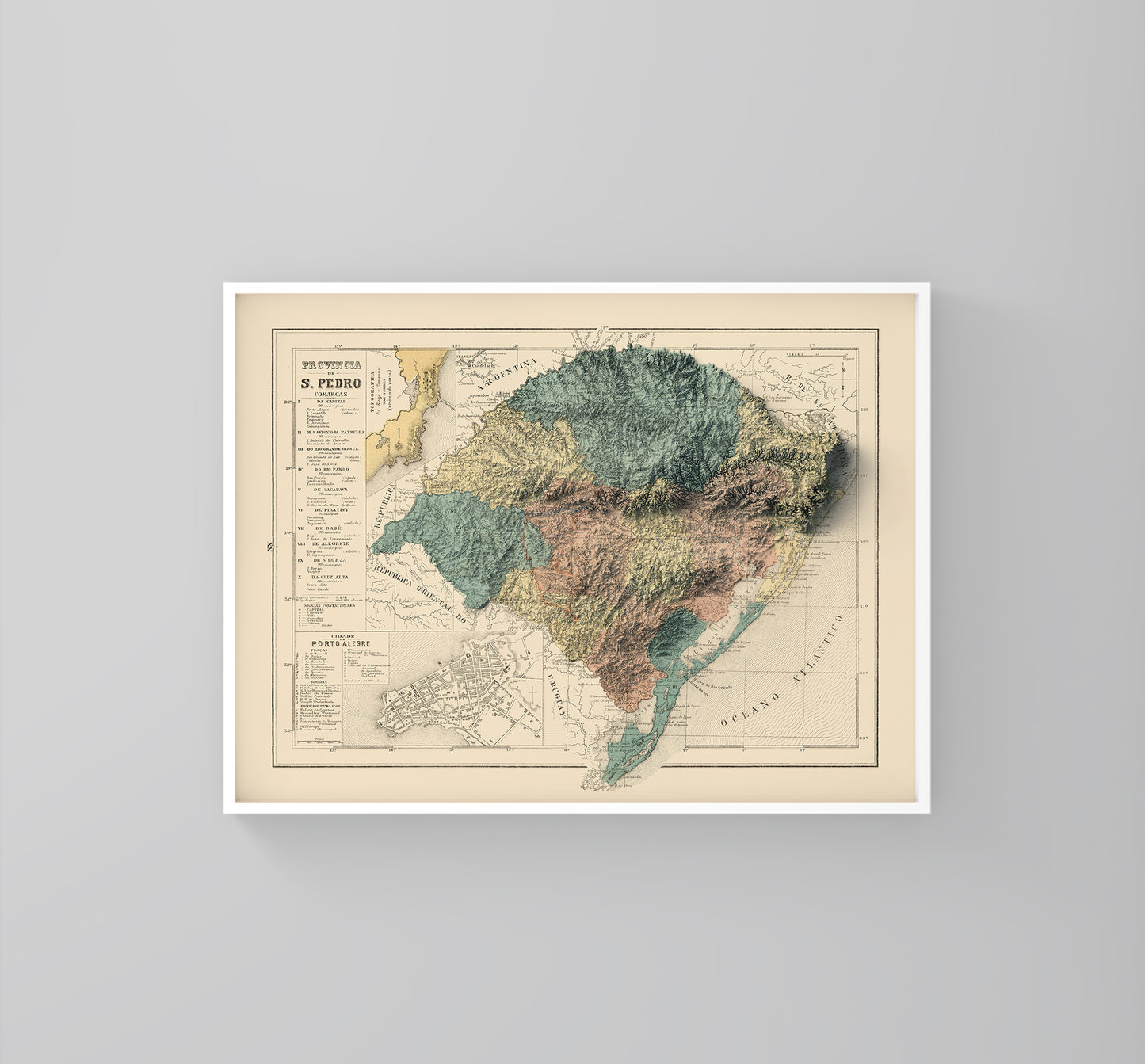 vintage shaded relief map of Rio Grande do Sul, Brazil