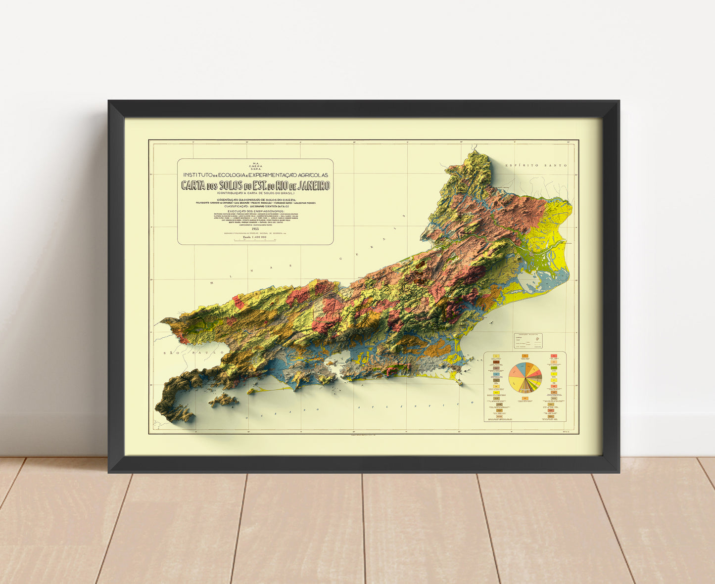 Vintage Rio de Janeiro, Brazil, shaded relief map in black frame. Artistic print with realistic terrain effect for wall decor