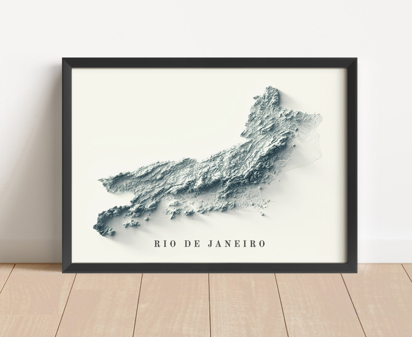 Rio de Janeiro, Brazil, shaded relief map in black frame. Artistic print with realistic terrain effect for wall decor