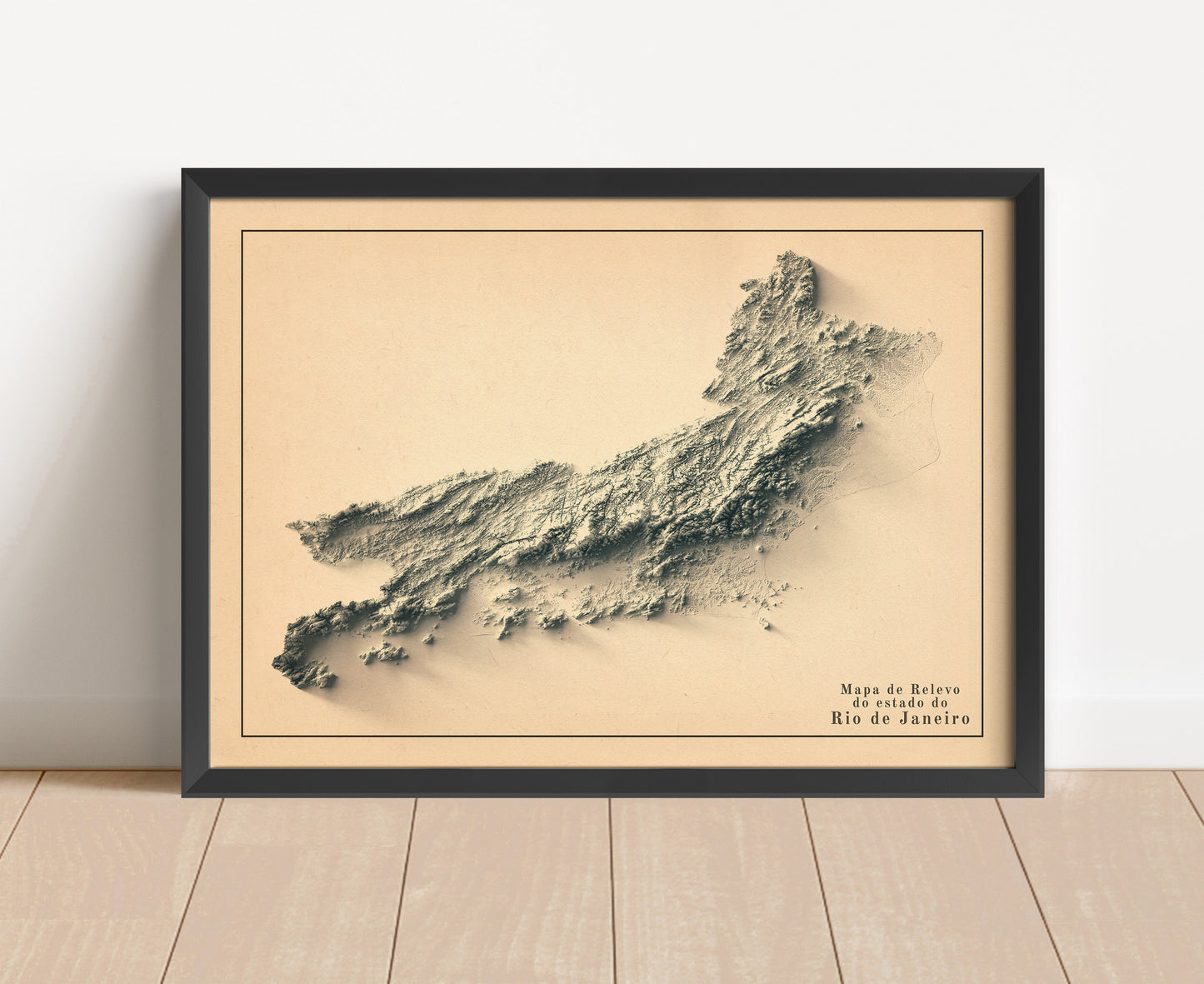 Vintage Rio de Janeiro, Brazil, shaded relief map in black frame. Artistic print with realistic terrain effect for wall decor