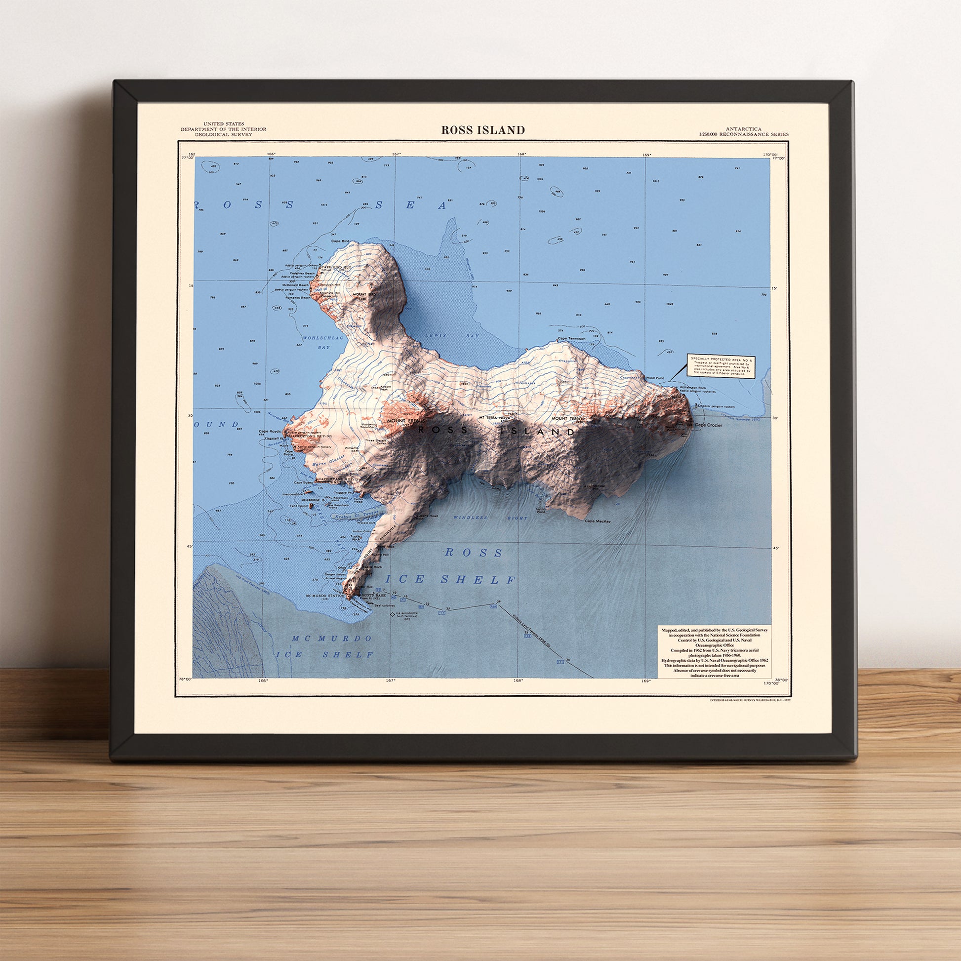 vintage shaded relief map of Ross Island, Antarctica