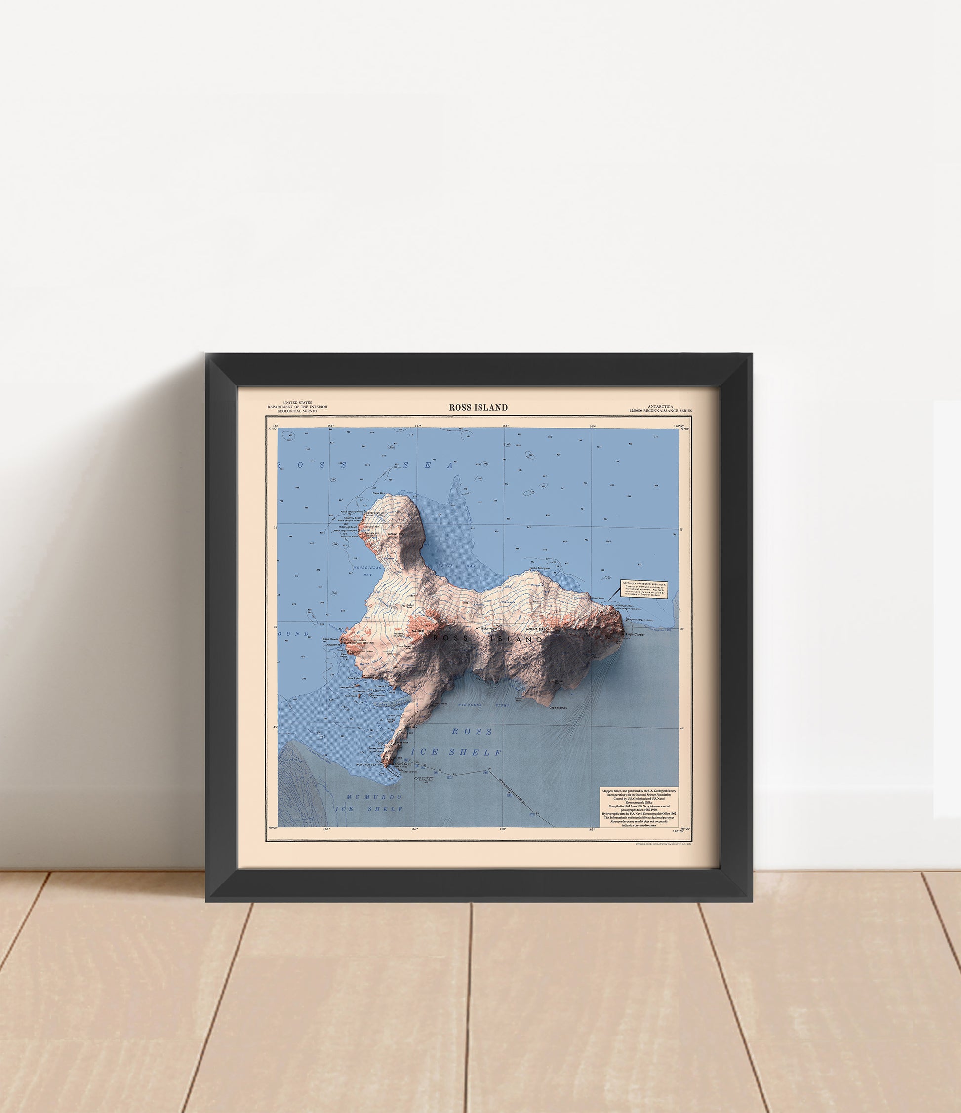 Vintage Ross Island, Antarctica, shaded relief map in black frame. Artistic print with realistic terrain effect for wall decor