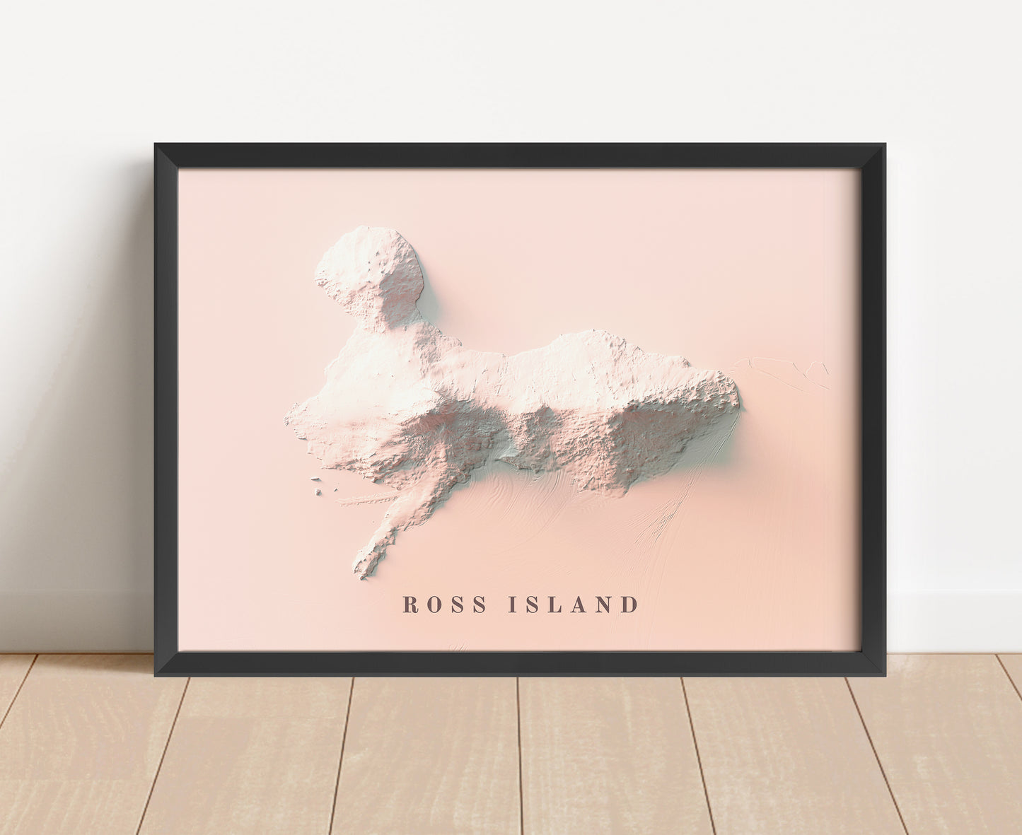 Ross Island, Antarctica, shaded relief map in black frame. Artistic print with realistic terrain effect for wall decor