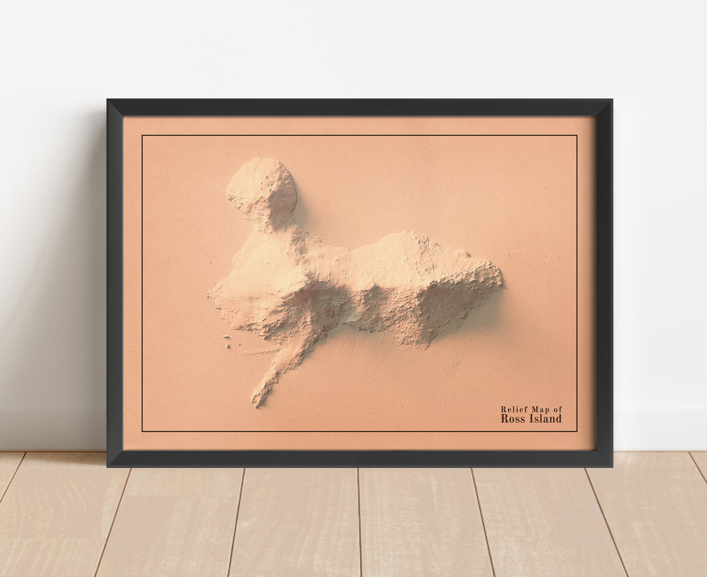 Vintage Ross Island, Antarctica, shaded relief map in black frame. Artistic print with realistic terrain effect for wall decor