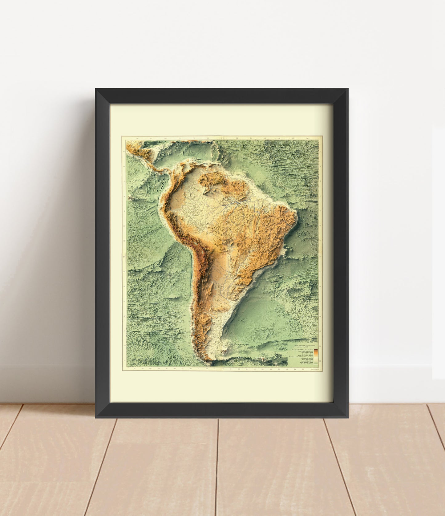 Vintage South America Bathymetric shaded relief map in black frame. Artistic print with realistic terrain effect for wall decor