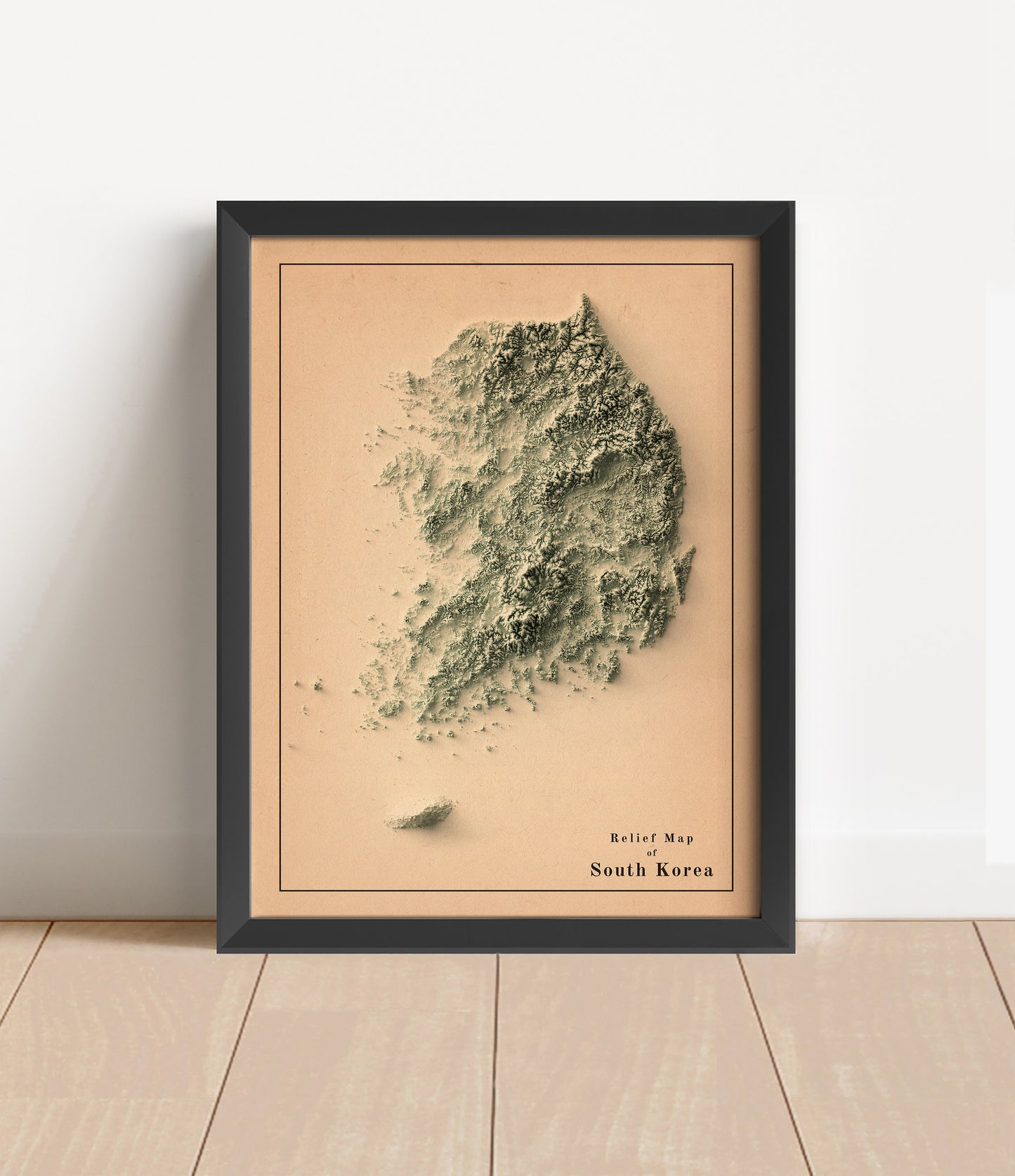 Vintage South Korea shaded relief map in black frame. Artistic print with realistic terrain effect for wall decor