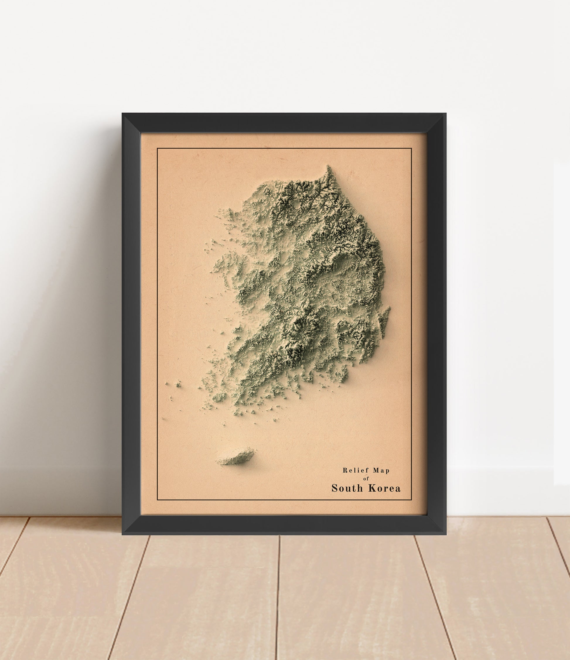 Vintage South Korea shaded relief map in black frame. Artistic print with realistic terrain effect for wall decor