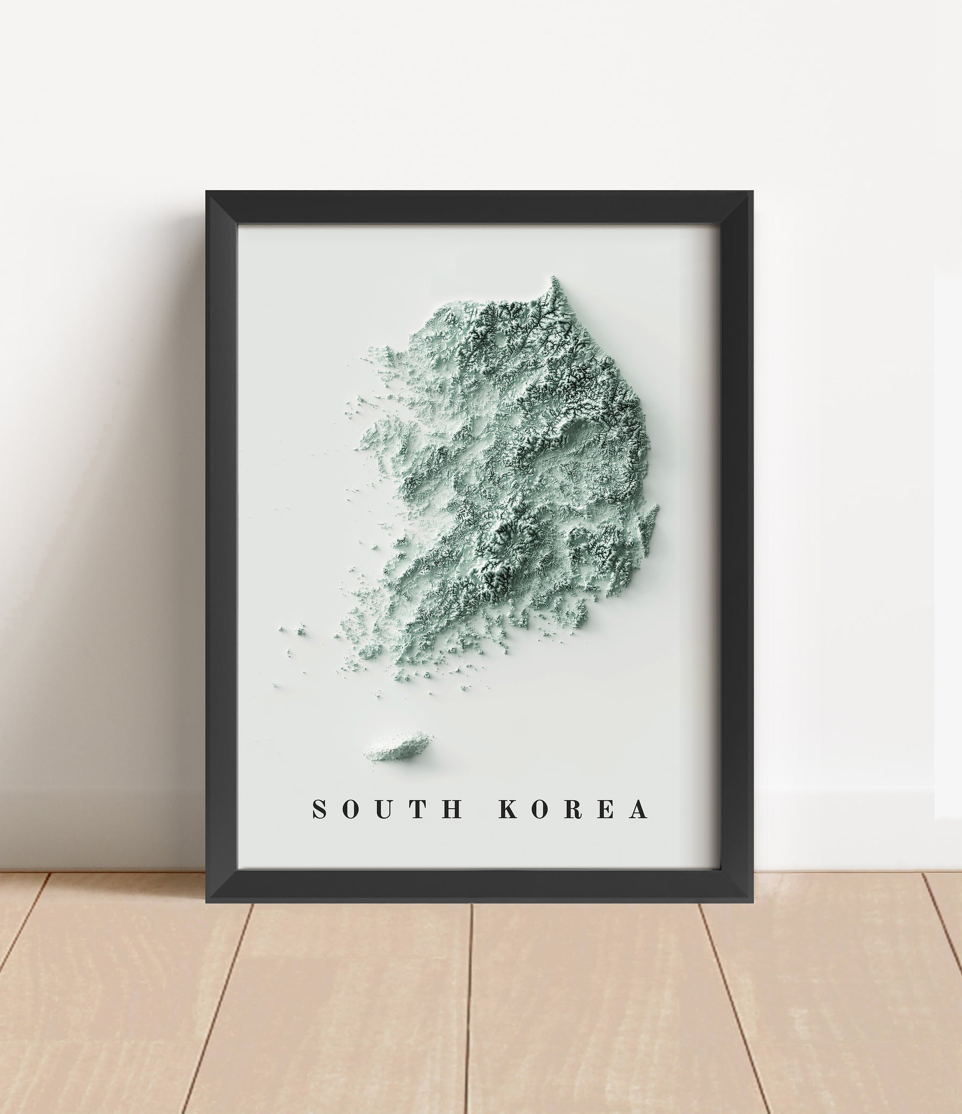 South Korea shaded relief map in black frame. Artistic print with realistic terrain effect for wall decor