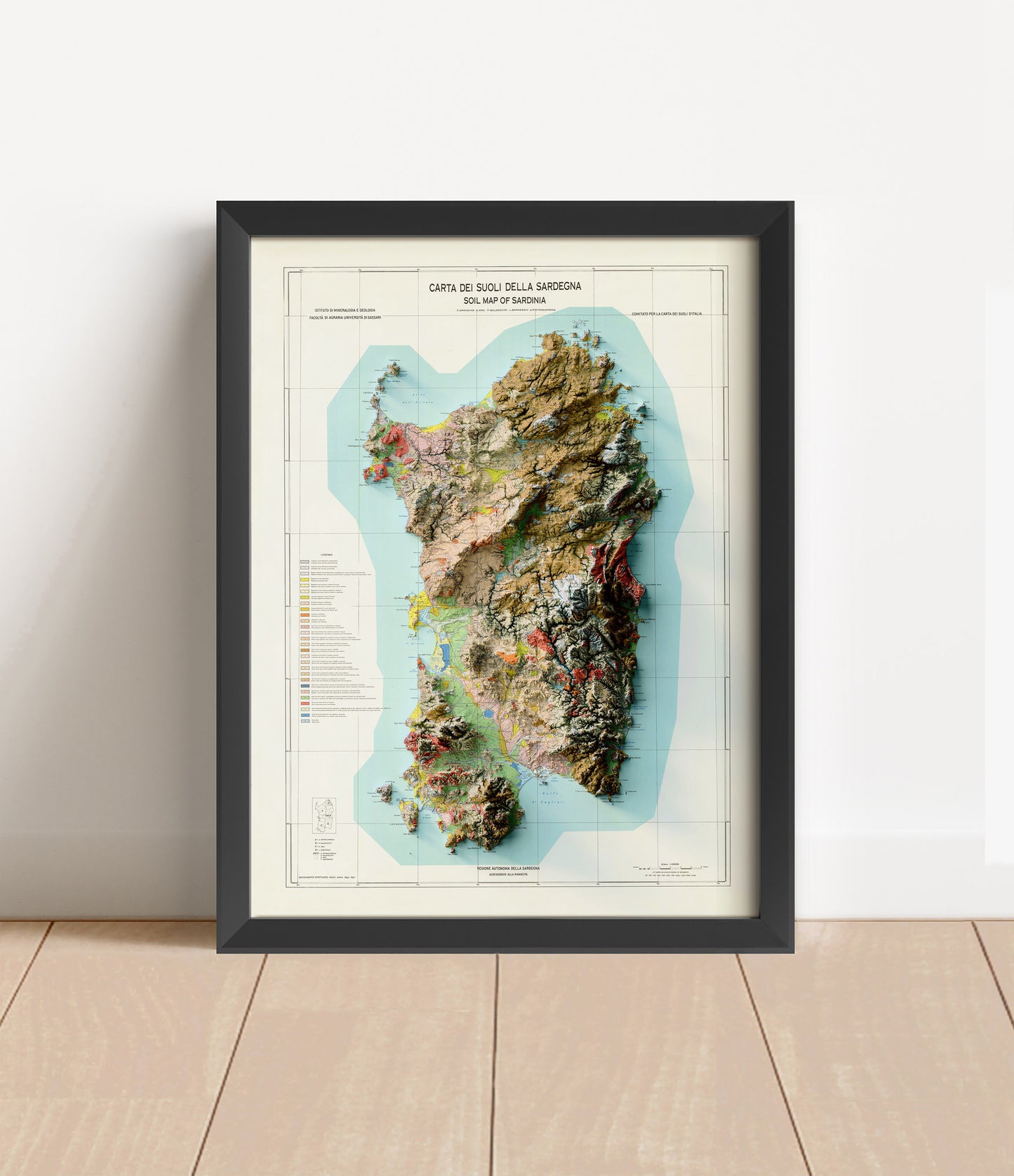 Vintage Sardinia, Italy, shaded relief map in black frame. Artistic print with realistic terrain effect for wall decor