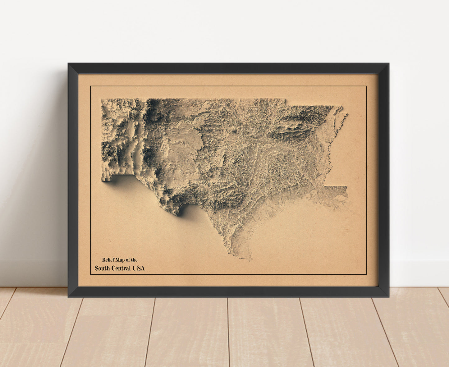 Vintage South Central USA shaded relief map in black frame. Artistic print with realistic terrain effect for wall decor