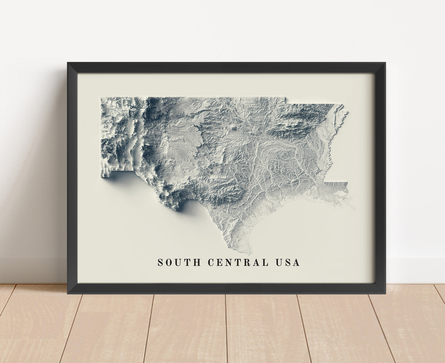 South Central USA shaded relief map in black frame. Artistic print with realistic terrain effect for wall decor