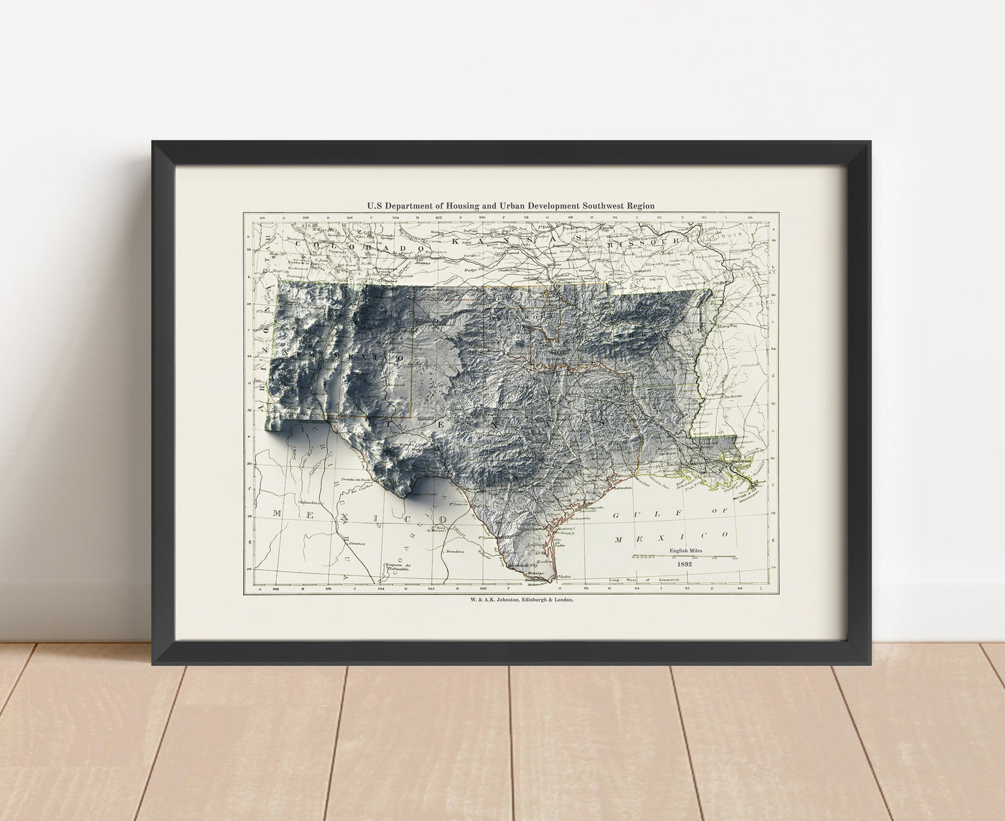 Vintage South Central USA shaded relief map in black frame. Artistic print with realistic terrain effect for wall decor