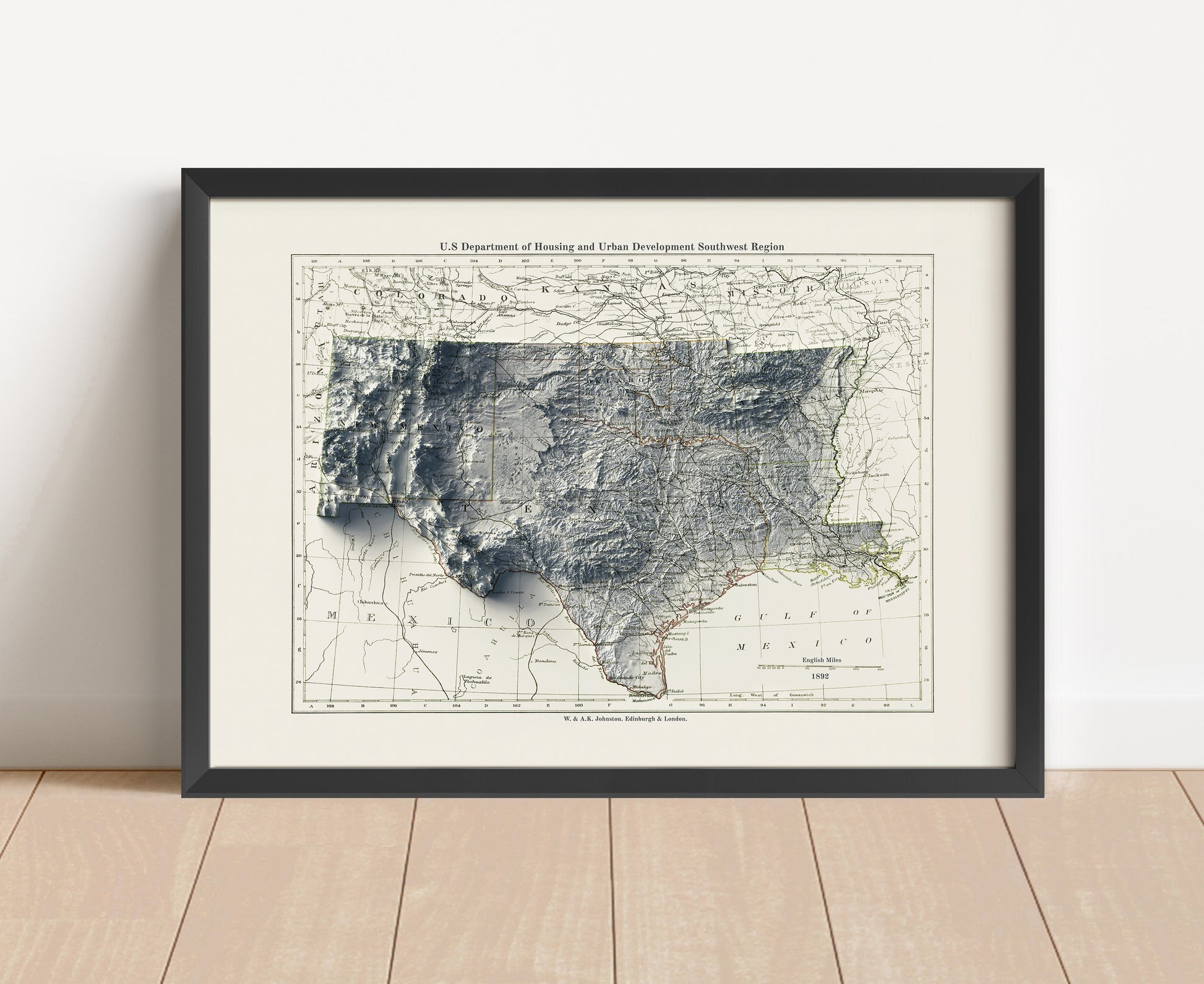 Vintage South Central USA shaded relief map in black frame. Artistic print with realistic terrain effect for wall decor