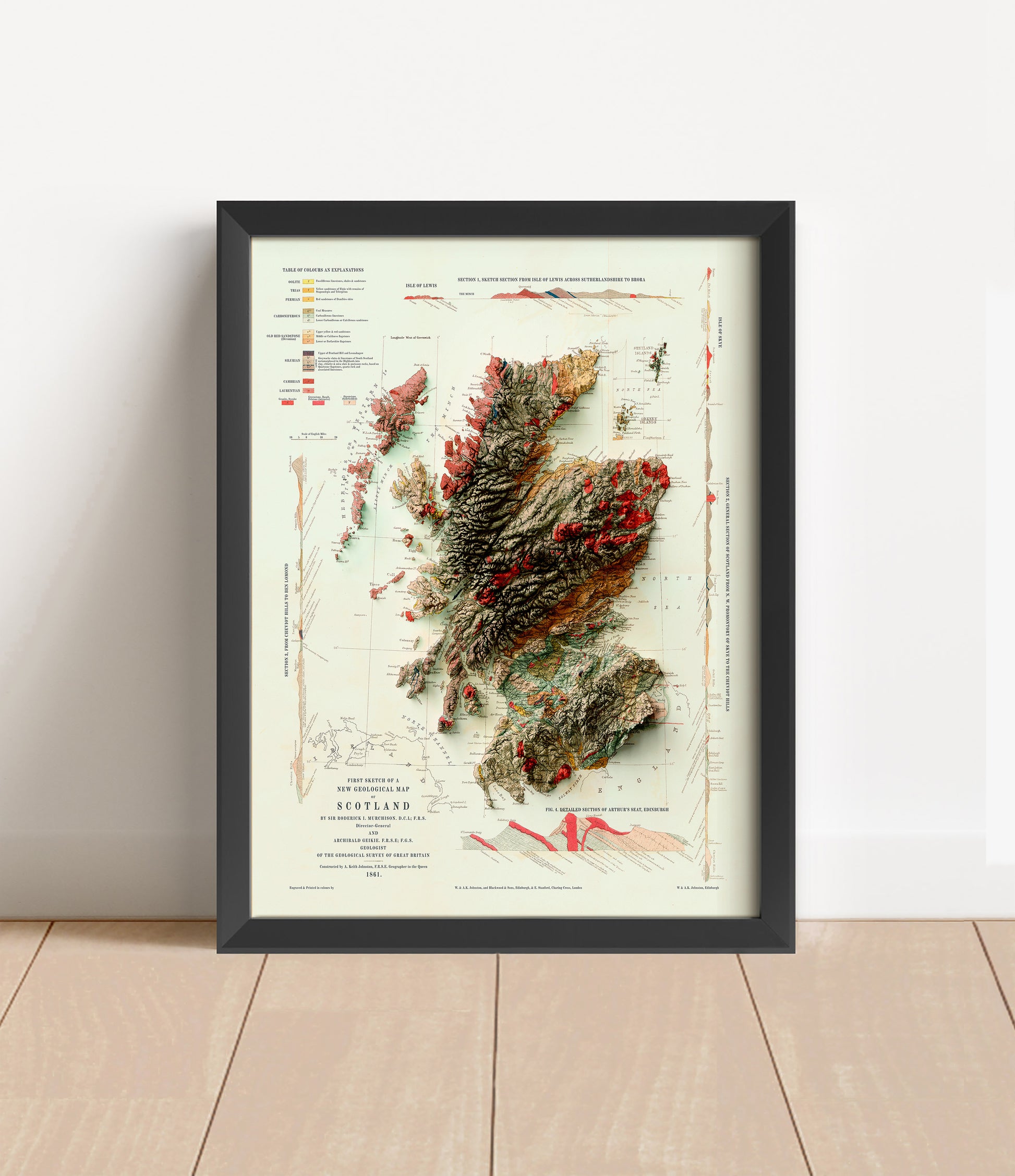 Vintage Scotland shaded relief map in black frame. Artistic print with realistic terrain effect for wall decor