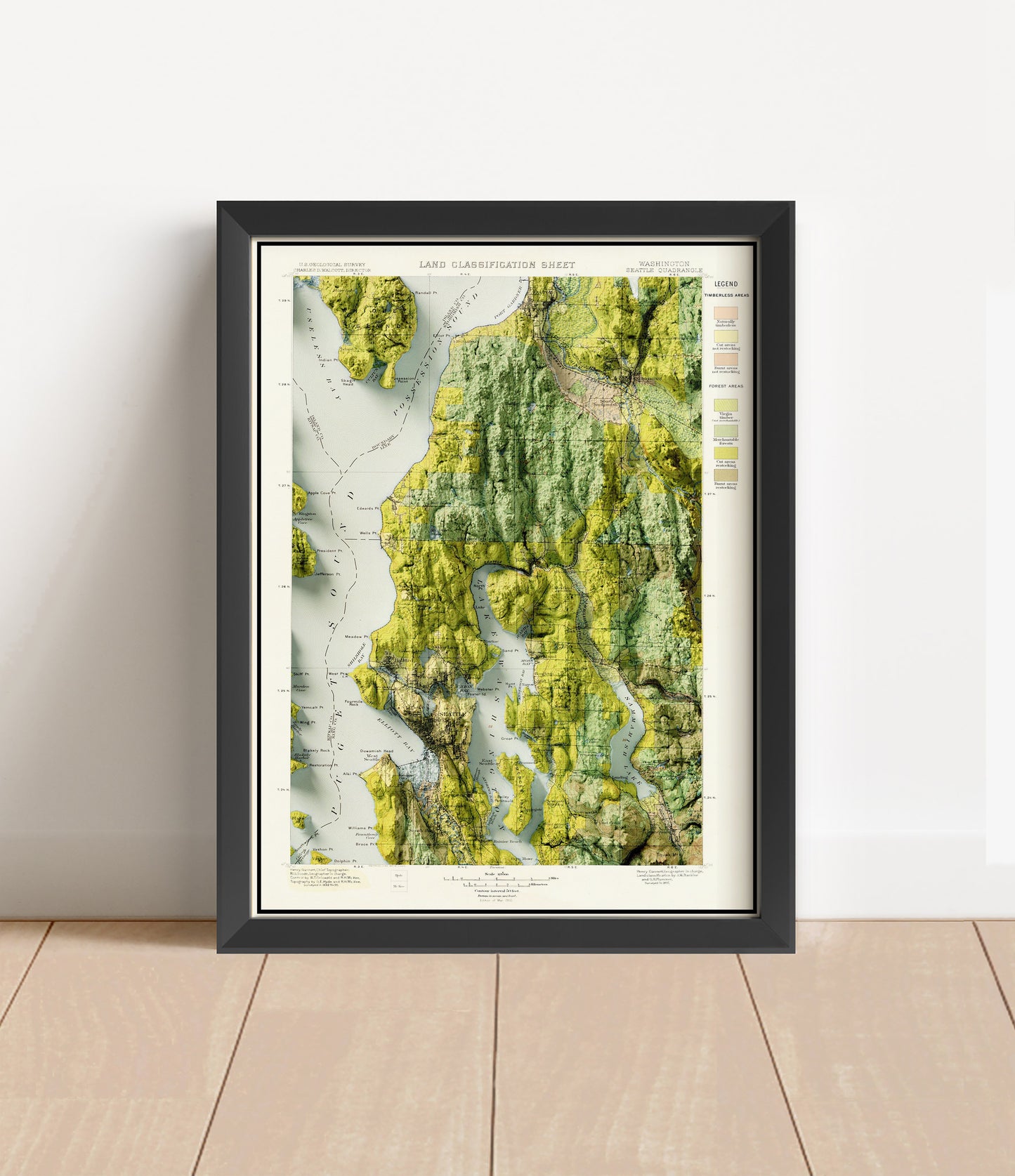 Vintage Seattle shaded relief map in black frame. Artistic print with realistic terrain effect for wall decor