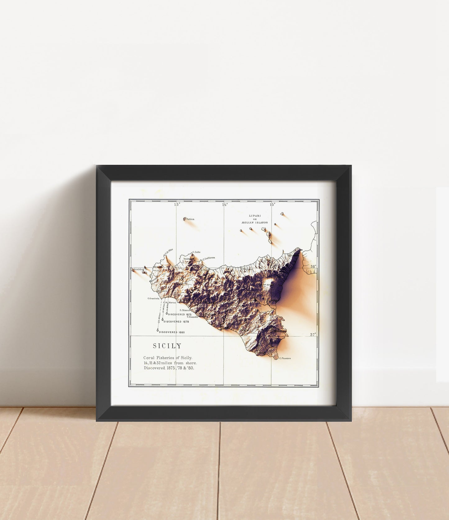 Vintage Sicily, Italy, shaded relief map in black frame. Artistic print with realistic terrain effect for wall decor