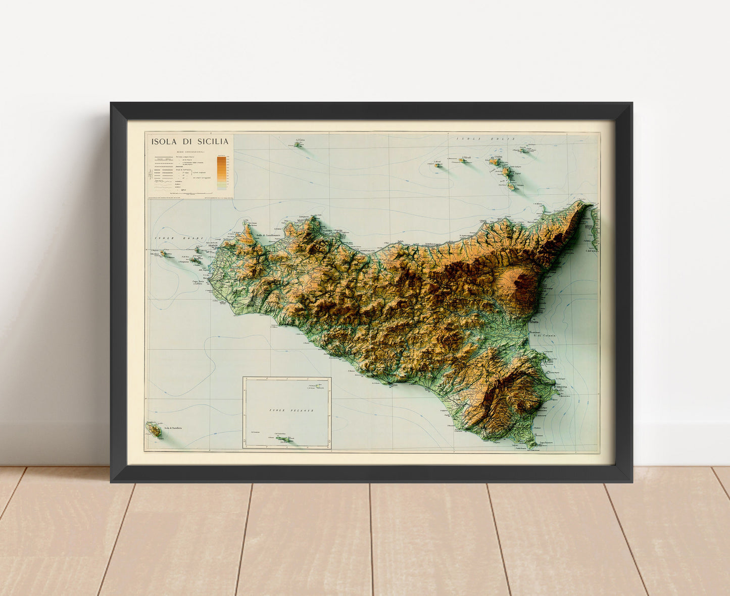 Vintage Sicily, Italy, shaded relief map in black frame. Artistic print with realistic terrain effect for wall decor