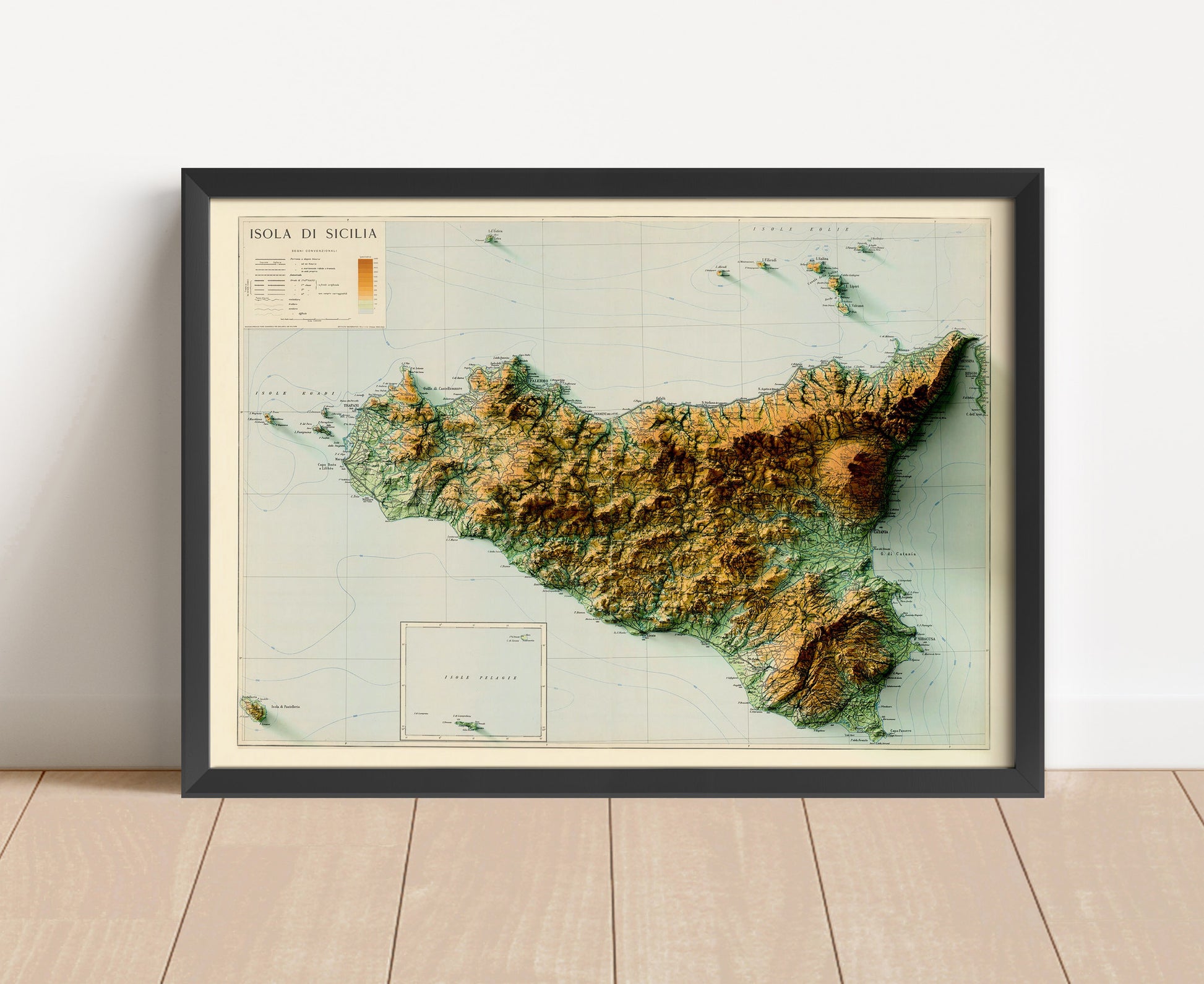 Vintage Sicily, Italy, shaded relief map in black frame. Artistic print with realistic terrain effect for wall decor