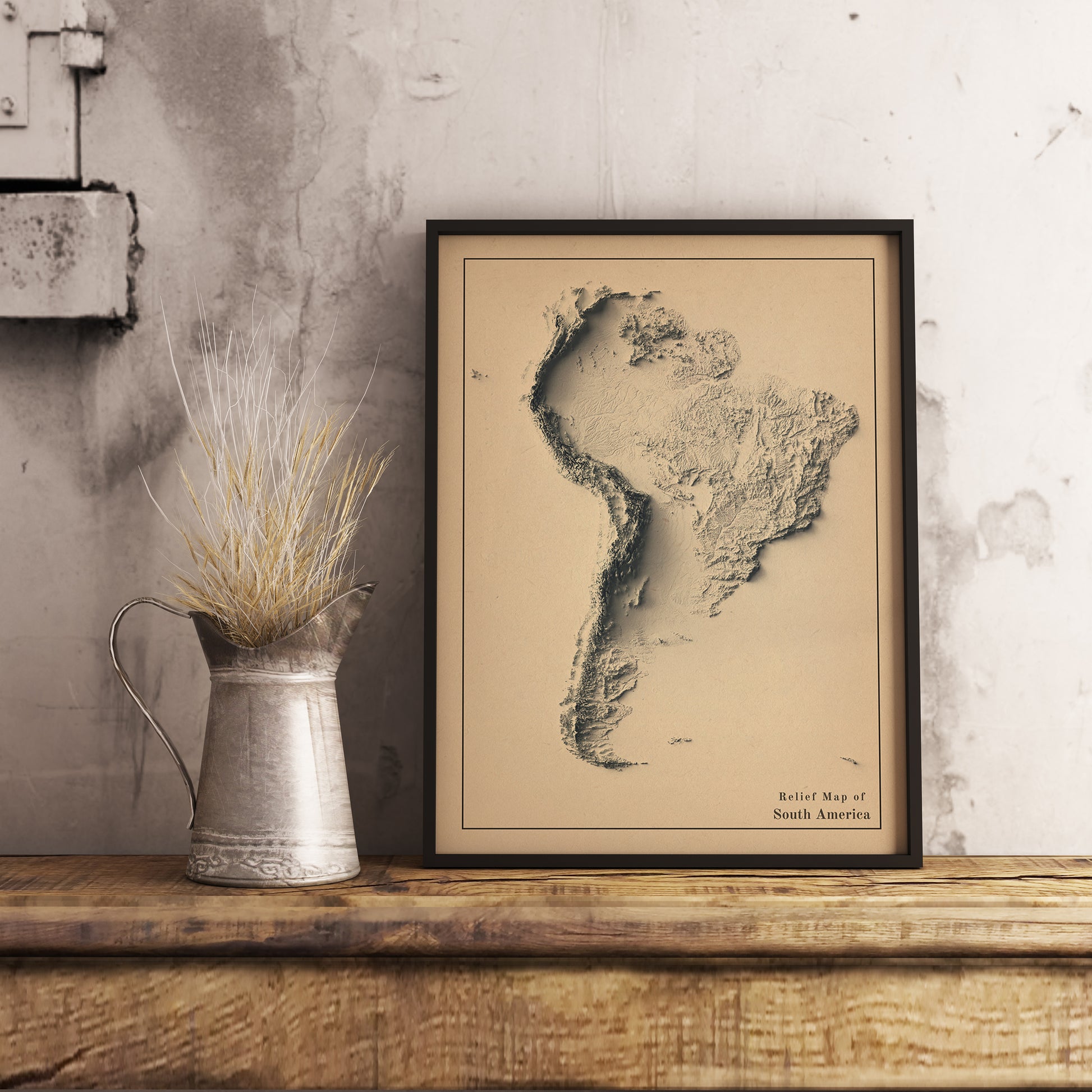 vintage shaded relief map of south america