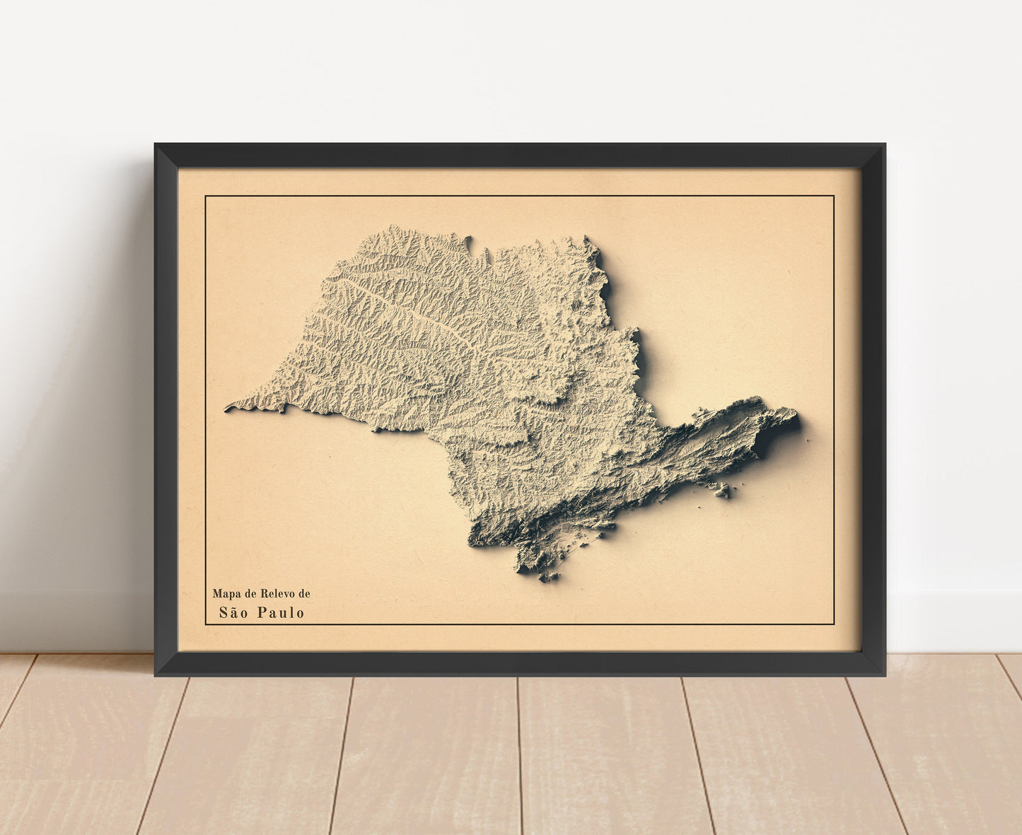 Vintage Sao Paulo, Brazil shaded relief map in black frame. Artistic print with realistic terrain effect for wall decor