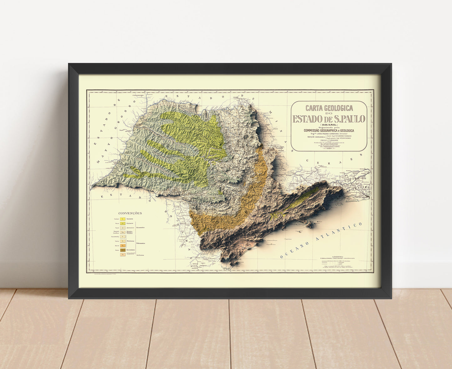 Vintage Sao Paulo, Brazil shaded relief map in black frame. Artistic print with realistic terrain effect for wall decor
