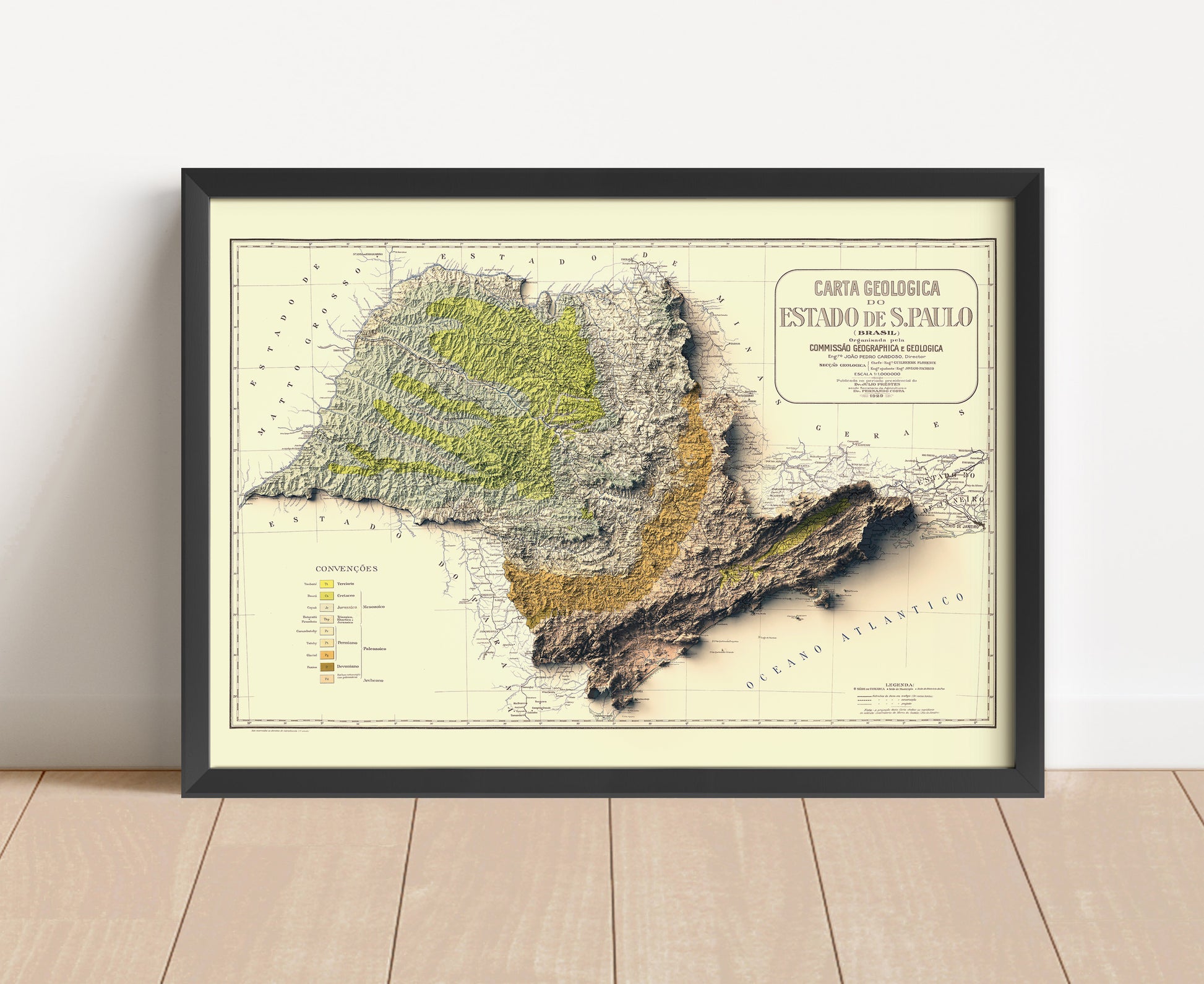 Vintage Sao Paulo, Brazil shaded relief map in black frame. Artistic print with realistic terrain effect for wall decor
