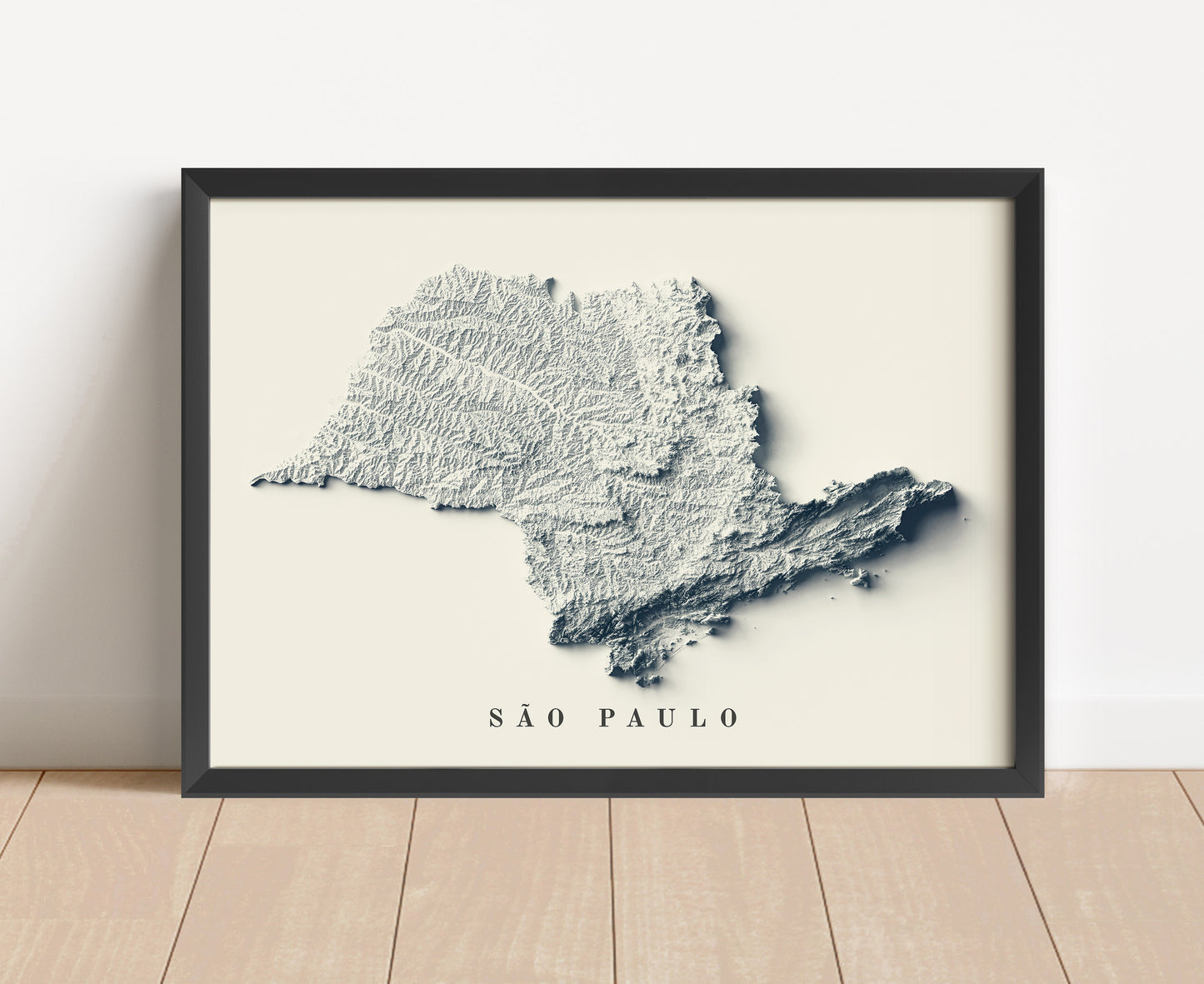 Sao Paulo, Brazil shaded relief map in black frame. Artistic print with realistic terrain effect for wall decor
