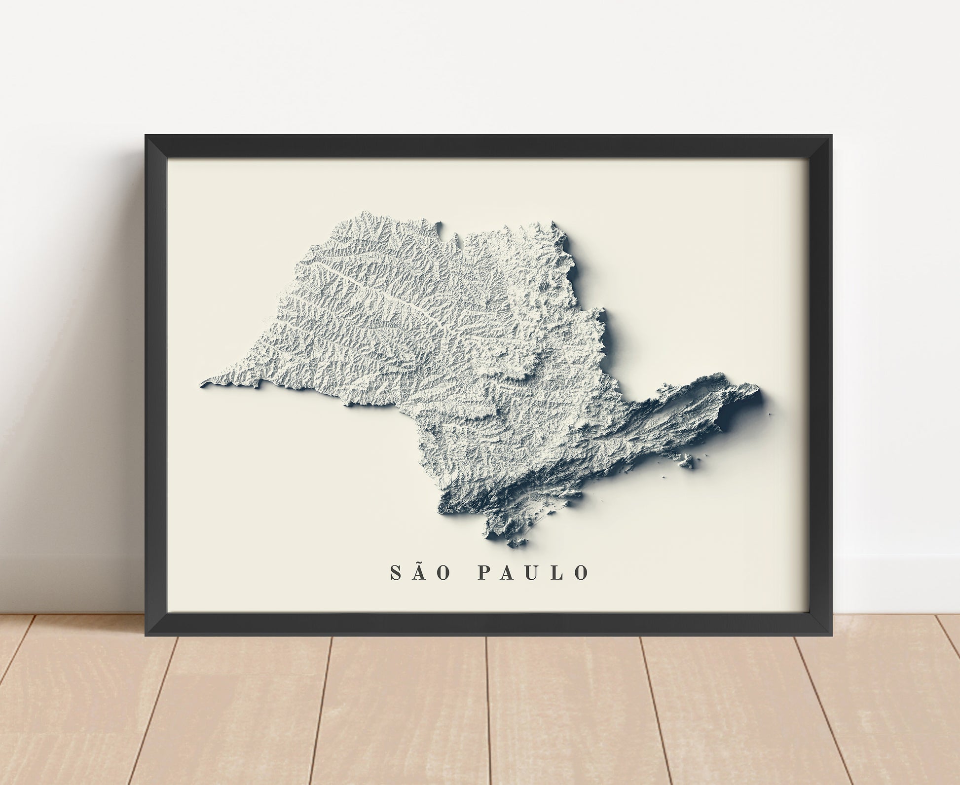 Sao Paulo, Brazil shaded relief map in black frame. Artistic print with realistic terrain effect for wall decor