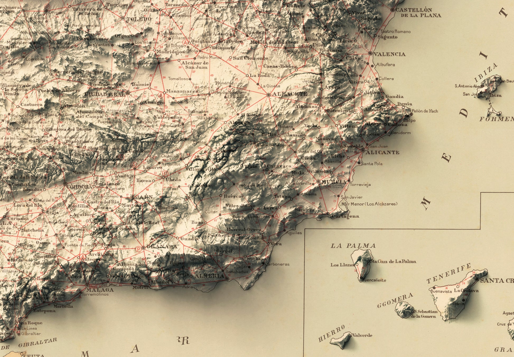 vintage shaded relief map of Spain