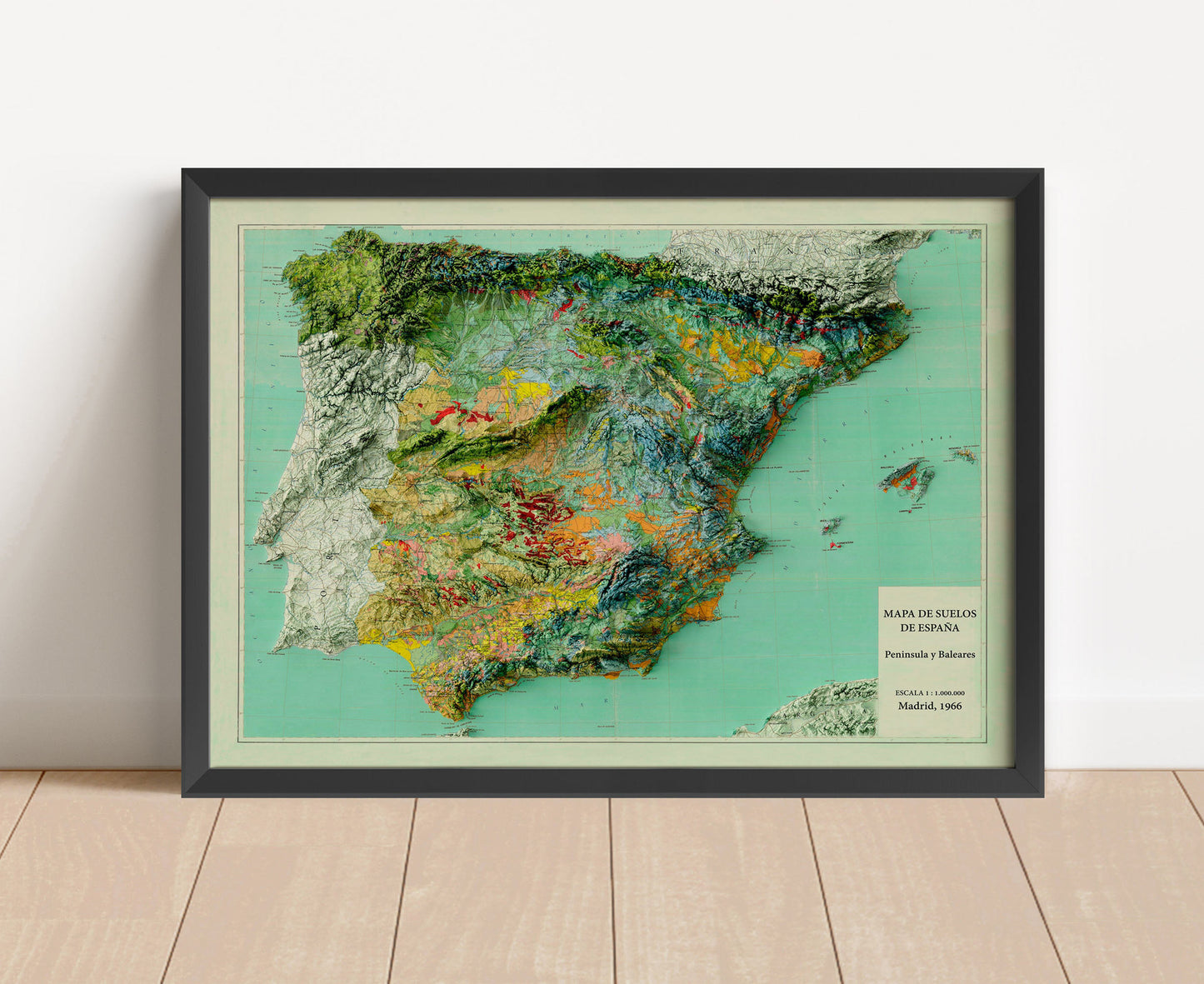 Vintage Spain shaded relief map in black frame. Artistic print with realistic terrain effect for wall decor