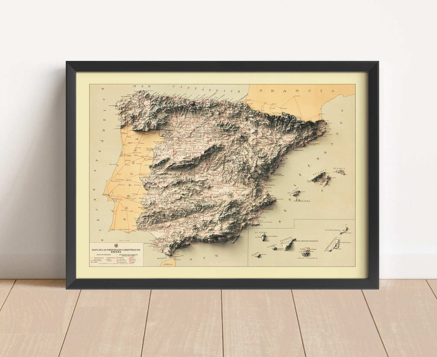 Vintage Spain shaded relief map in black frame. Artistic print with realistic terrain effect for wall decor
