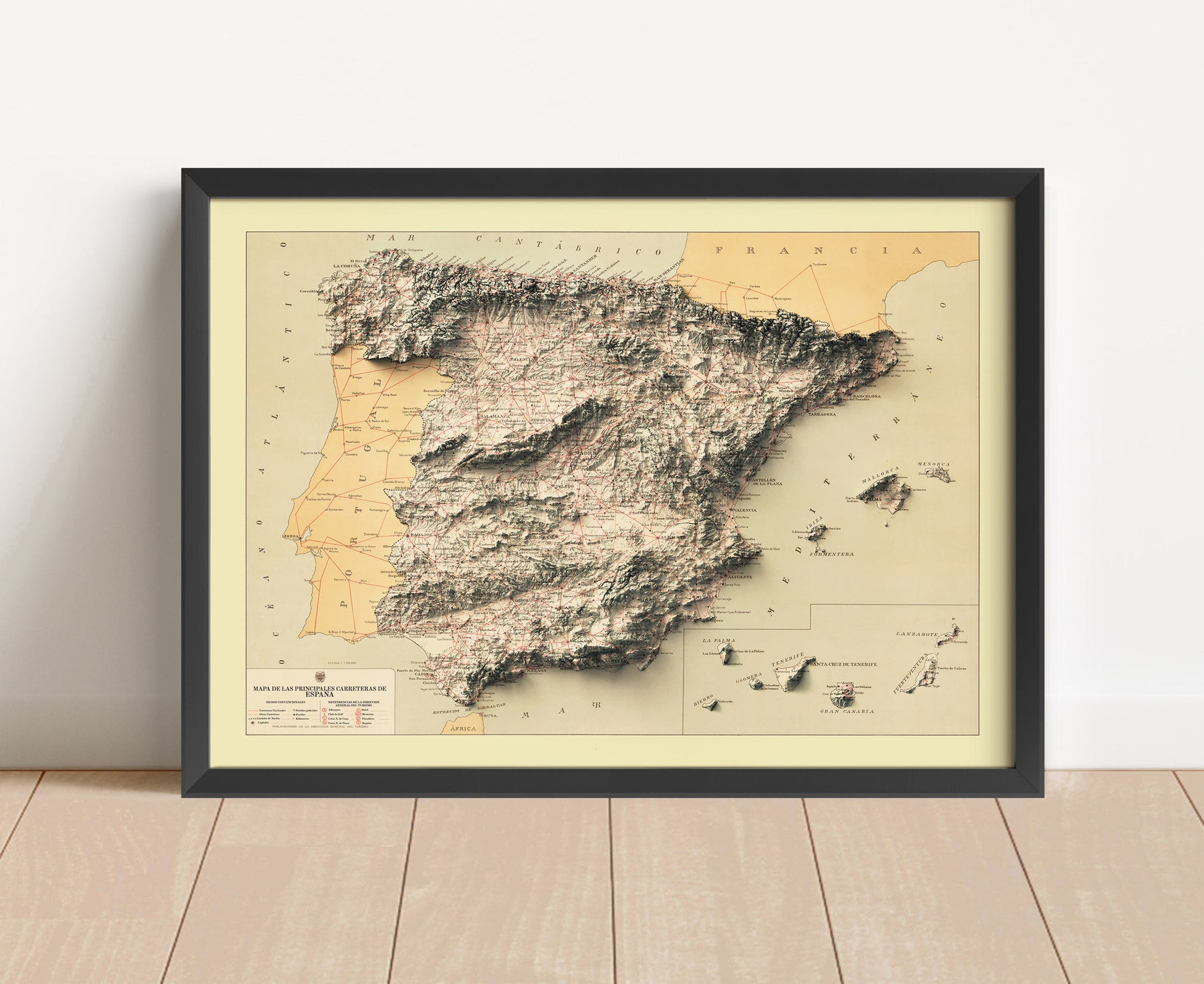 Vintage Spain shaded relief map in black frame. Artistic print with realistic terrain effect for wall decor