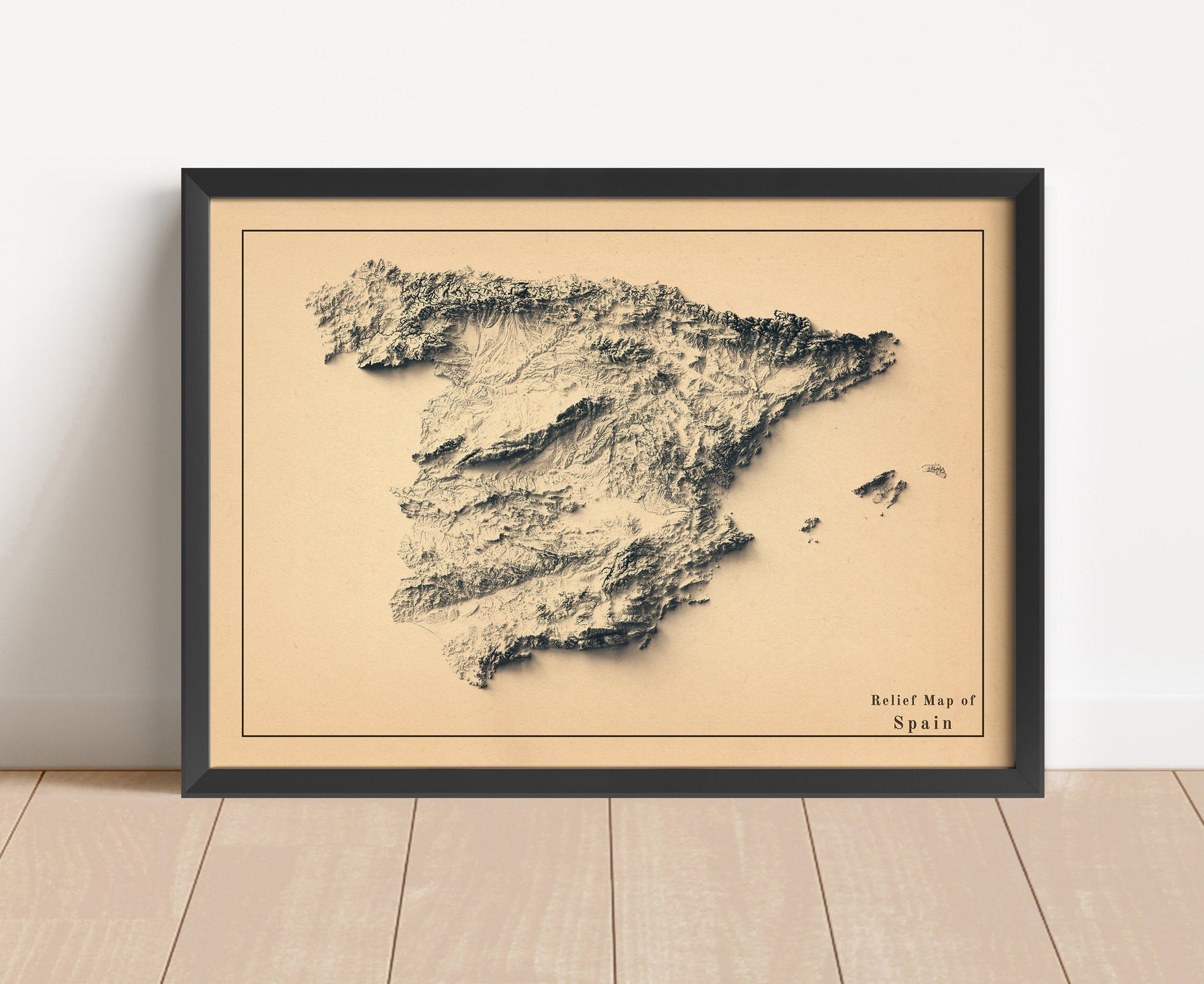 Vintage Spain shaded relief map in black frame. Artistic print with realistic terrain effect for wall decor
