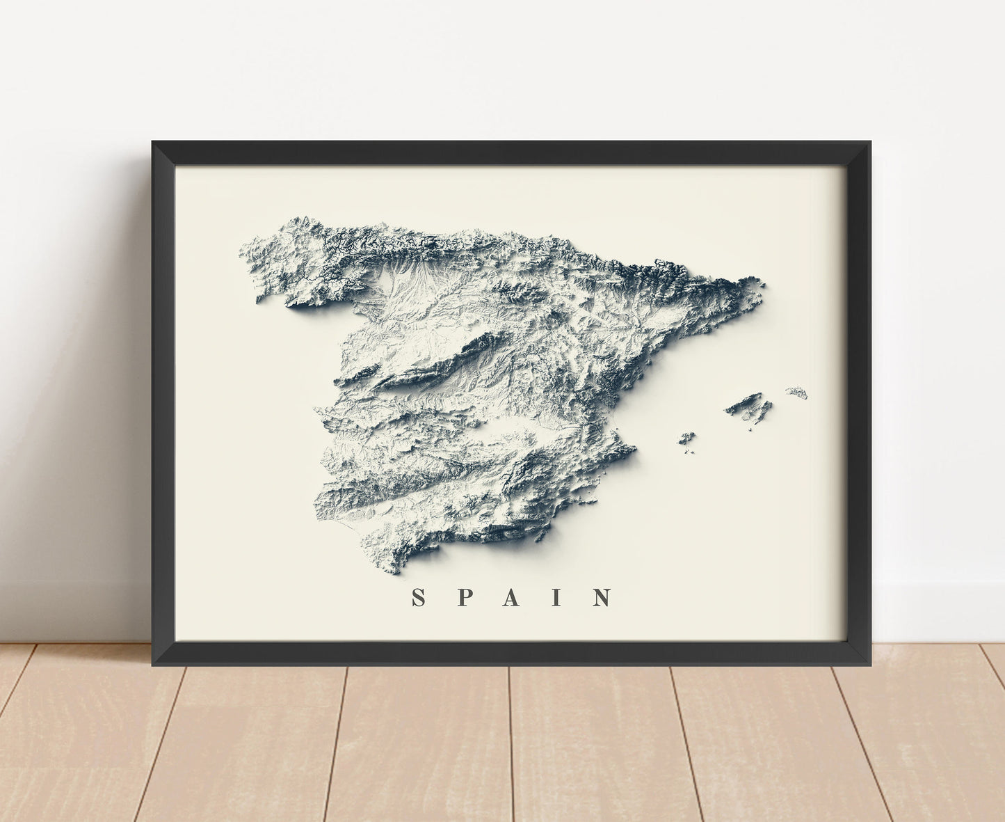 Spain shaded relief map in black frame. Artistic print with realistic terrain effect for wall decor